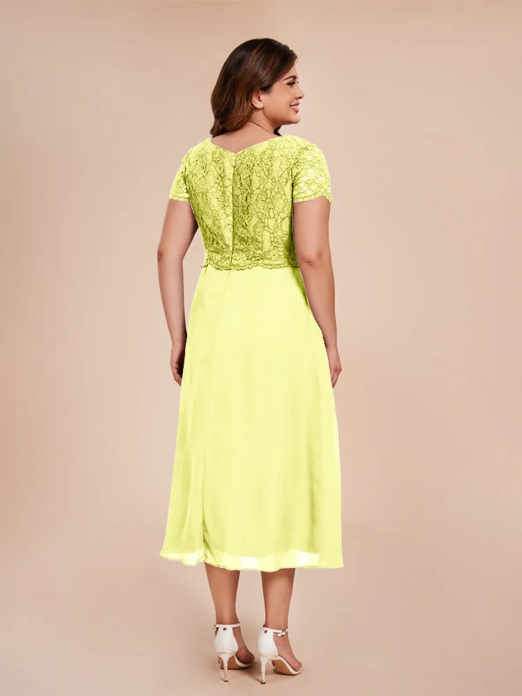 A-Line Lace Bodice Tea-Length Chiffon Mother Of The Bride Dress