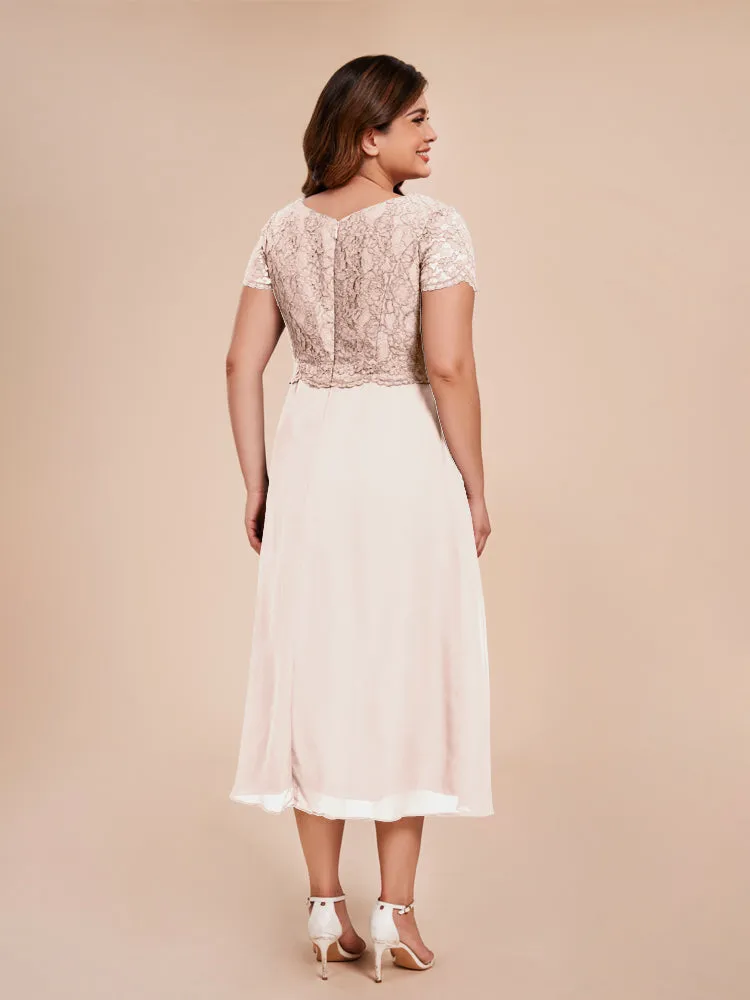 A-Line Lace Bodice Tea-Length Chiffon Mother Of The Bride Dress