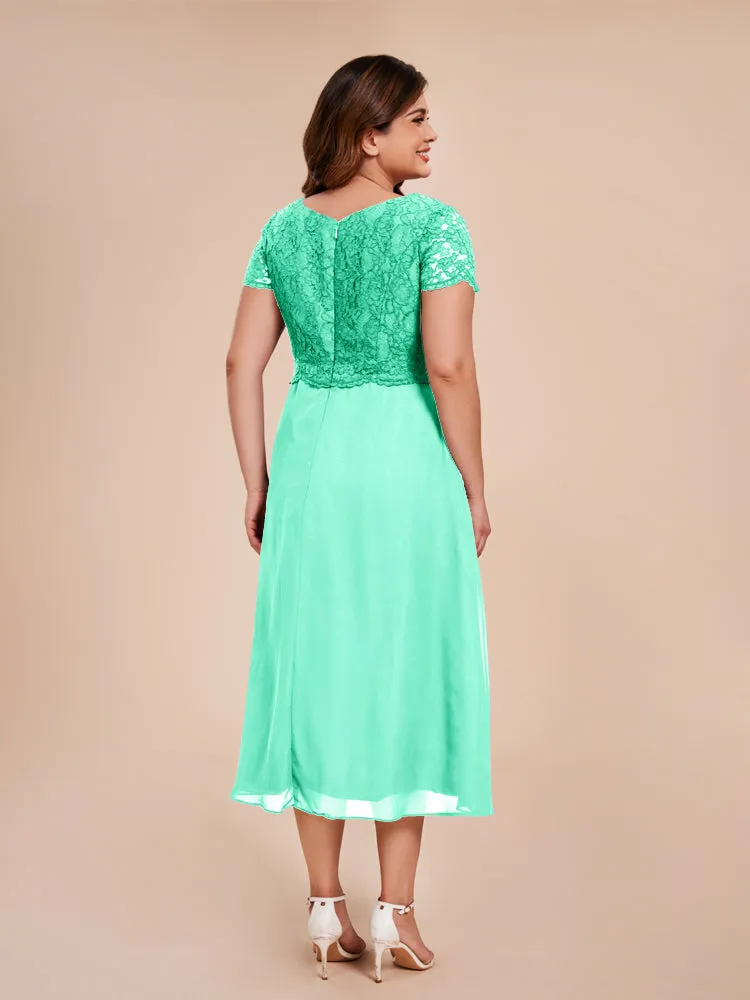 A-Line Lace Bodice Tea-Length Chiffon Mother Of The Bride Dress