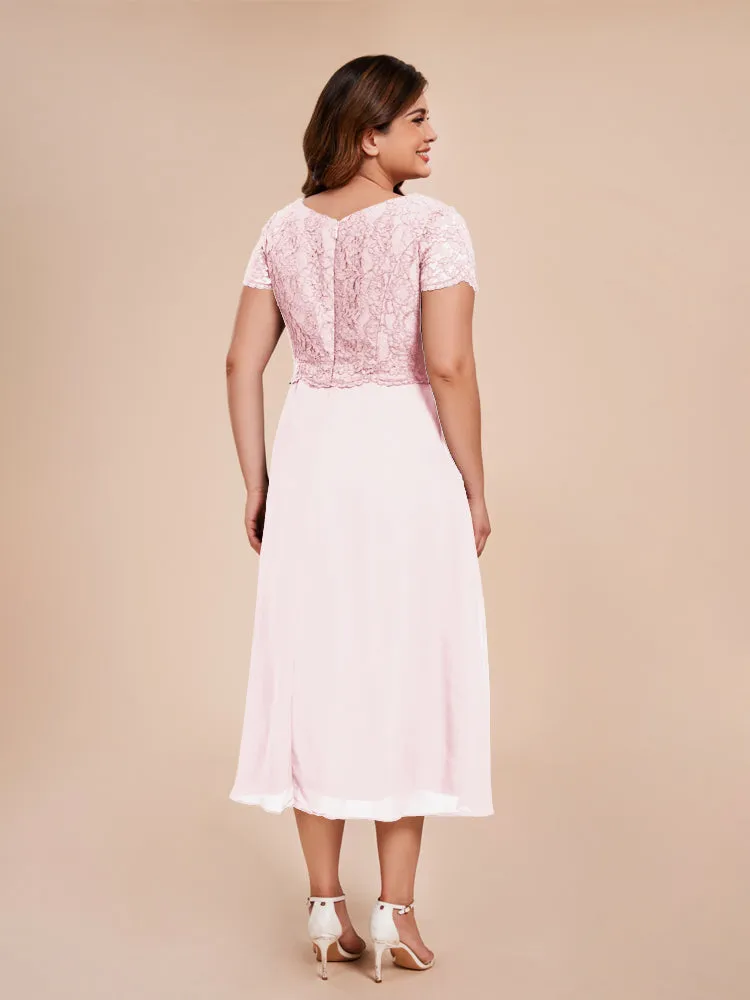 A-Line Lace Bodice Tea-Length Chiffon Mother Of The Bride Dress