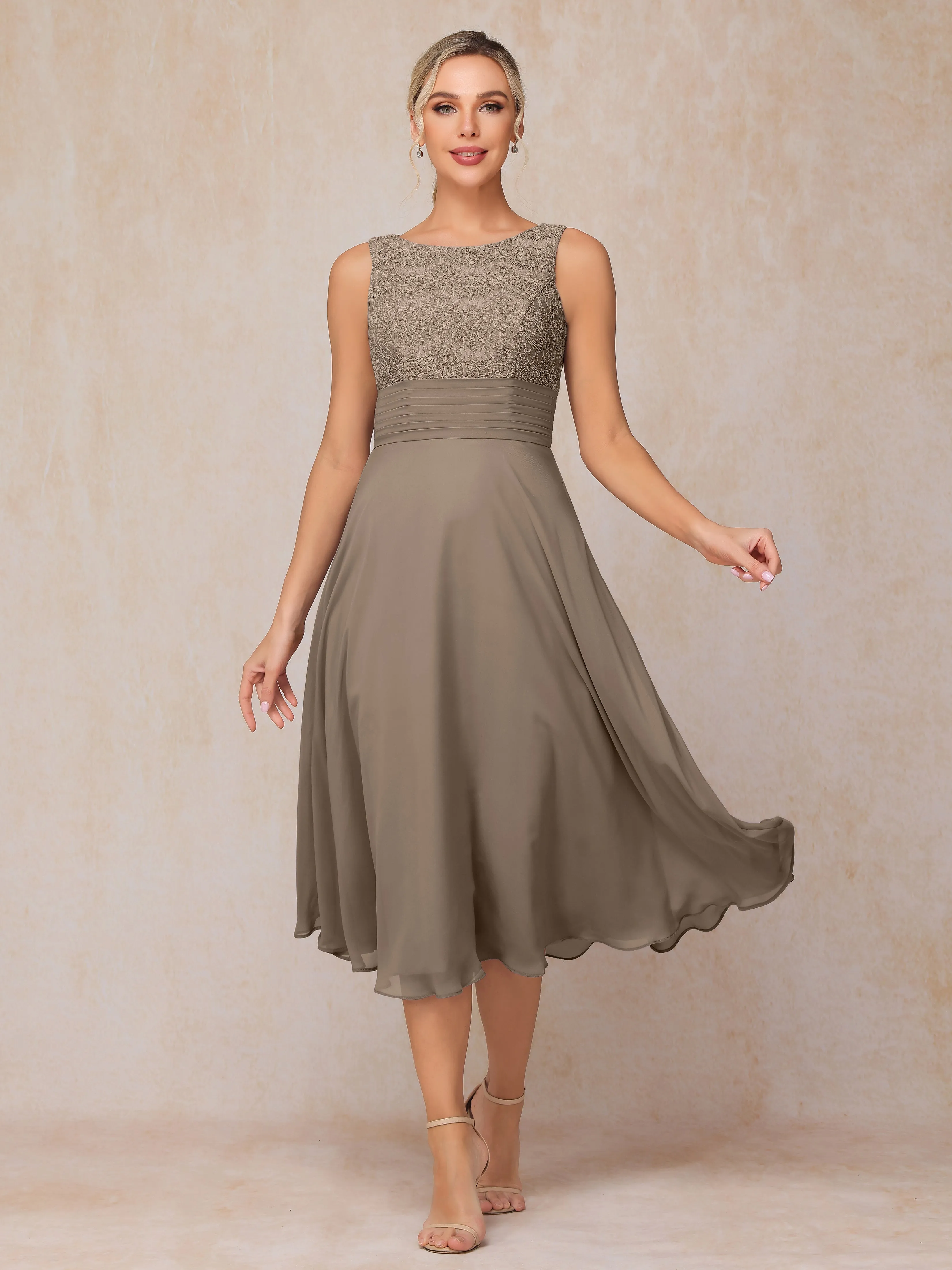 A-Line Lace Long Sleeveless Tea-Length Chiffon Mother of the Bride Dress