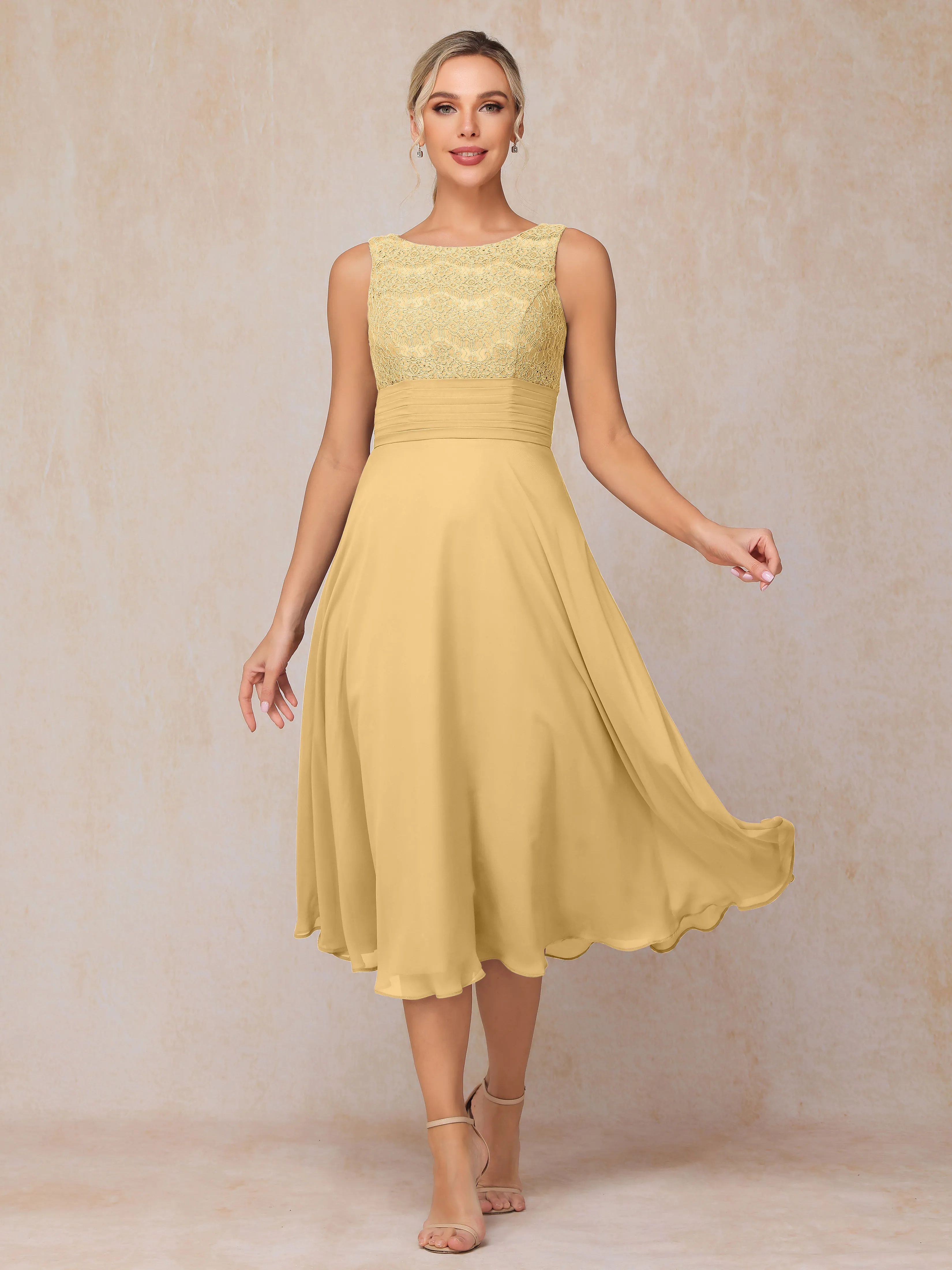 A-Line Lace Long Sleeveless Tea-Length Chiffon Mother of the Bride Dress