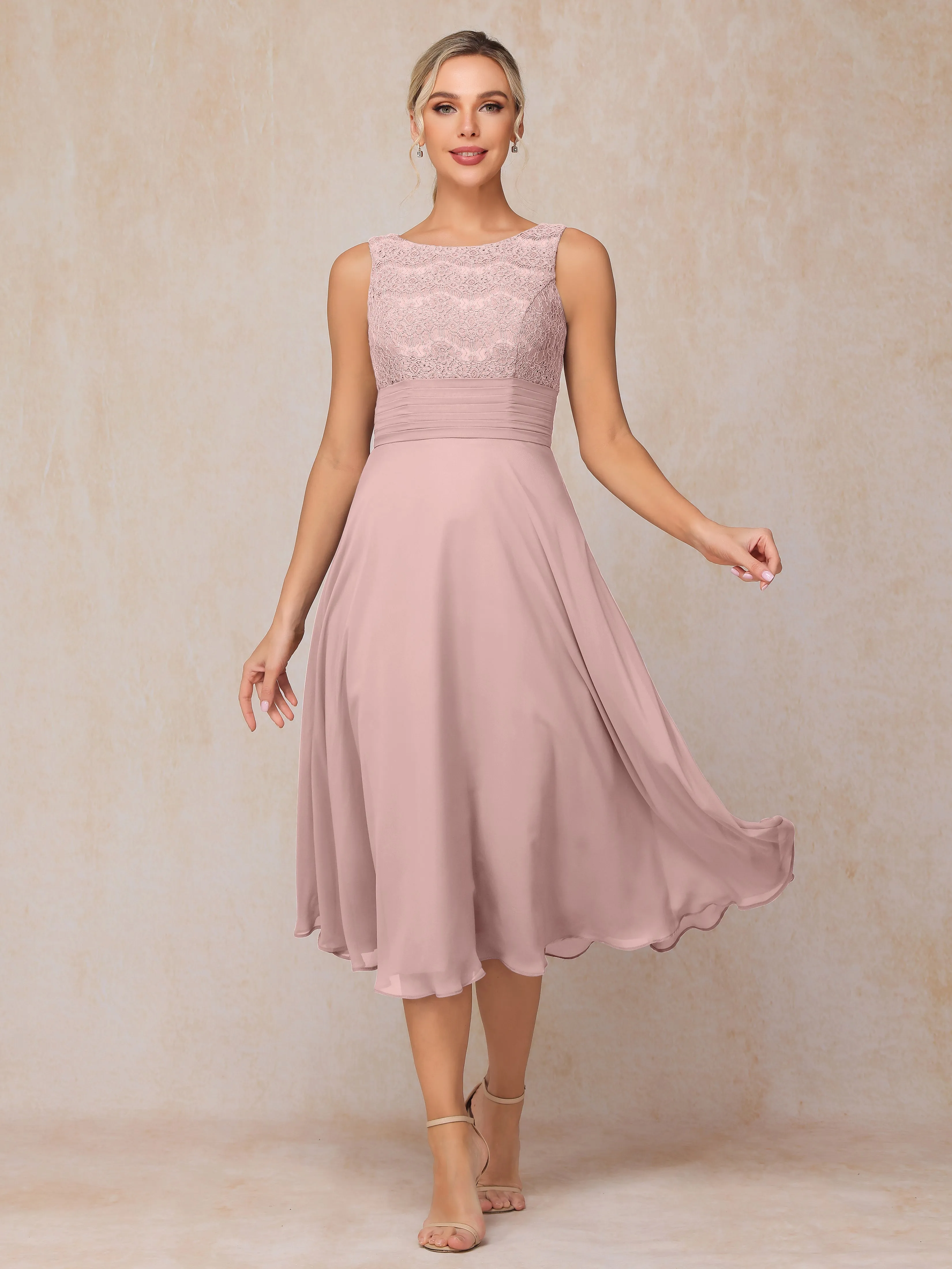 A-Line Lace Long Sleeveless Tea-Length Chiffon Mother of the Bride Dress