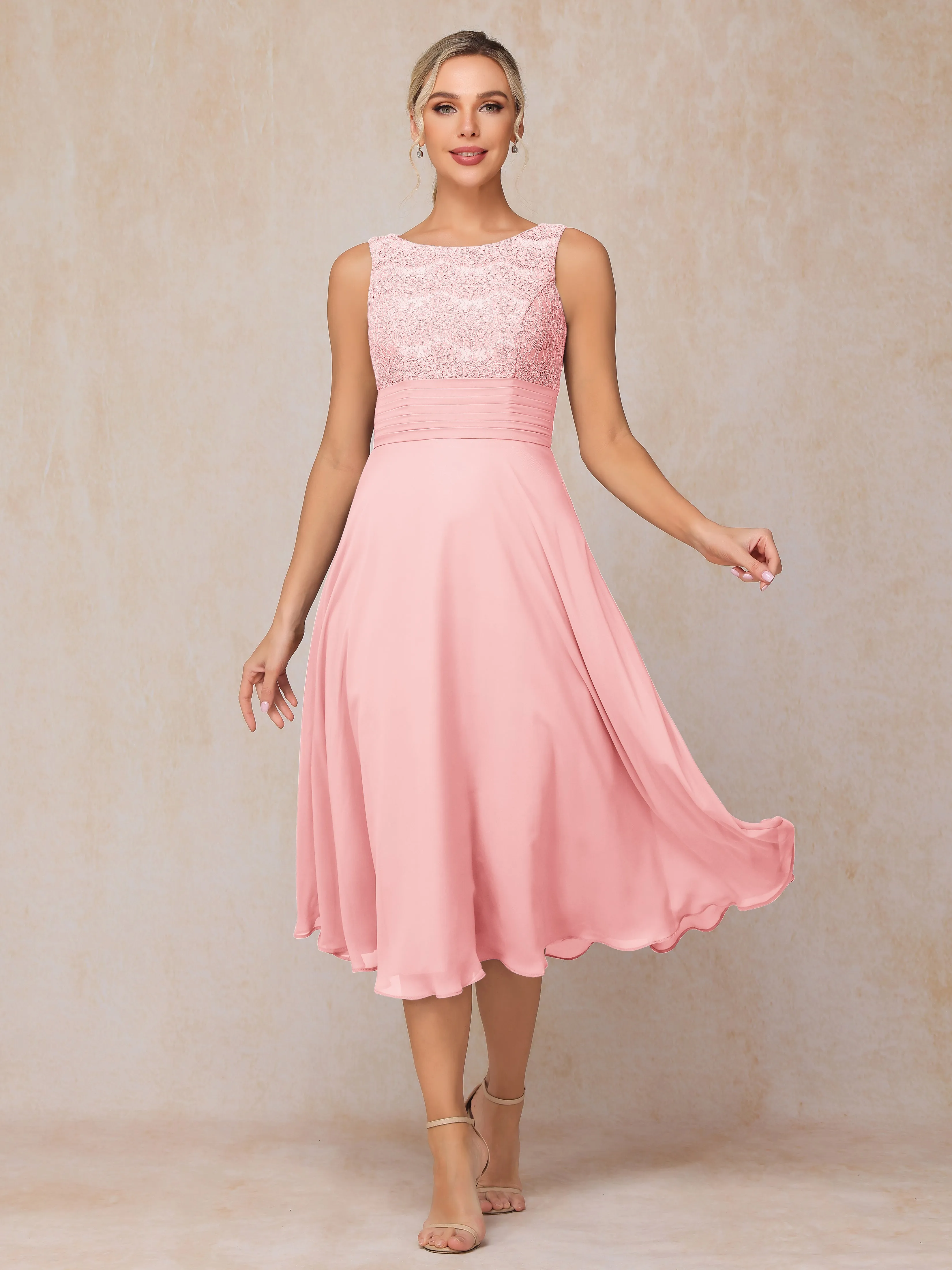 A-Line Lace Long Sleeveless Tea-Length Chiffon Mother of the Bride Dress