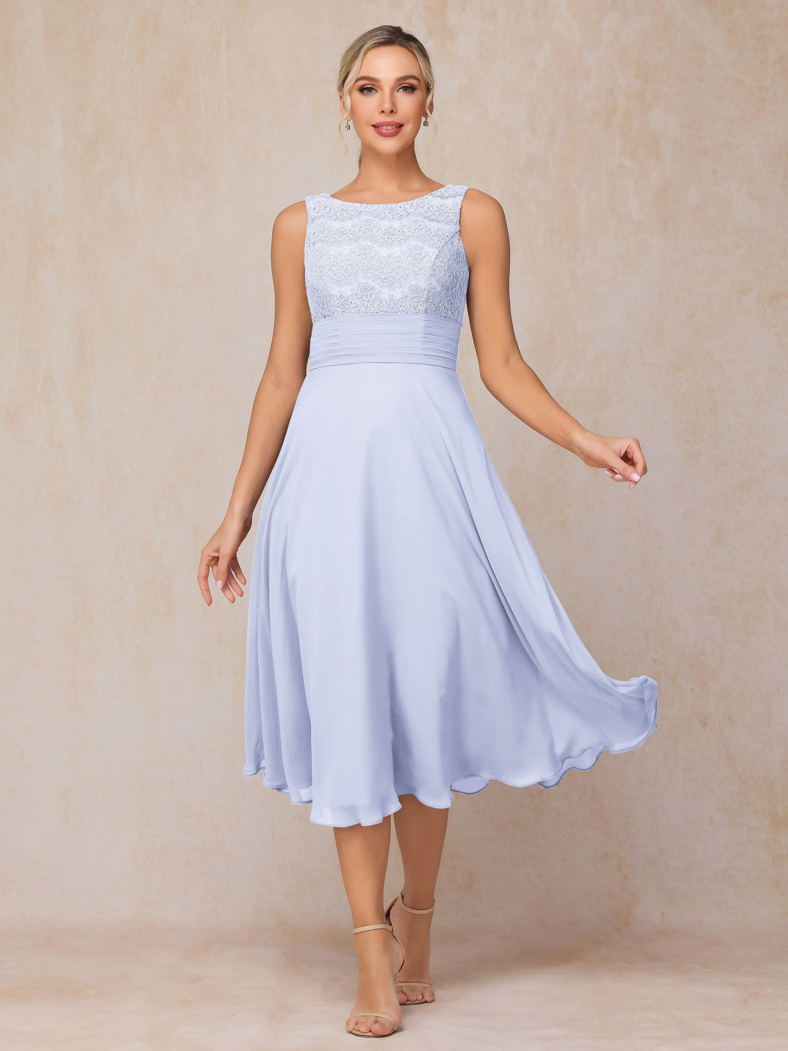 A-Line Lace Long Sleeveless Tea-Length Chiffon Mother of the Bride Dress