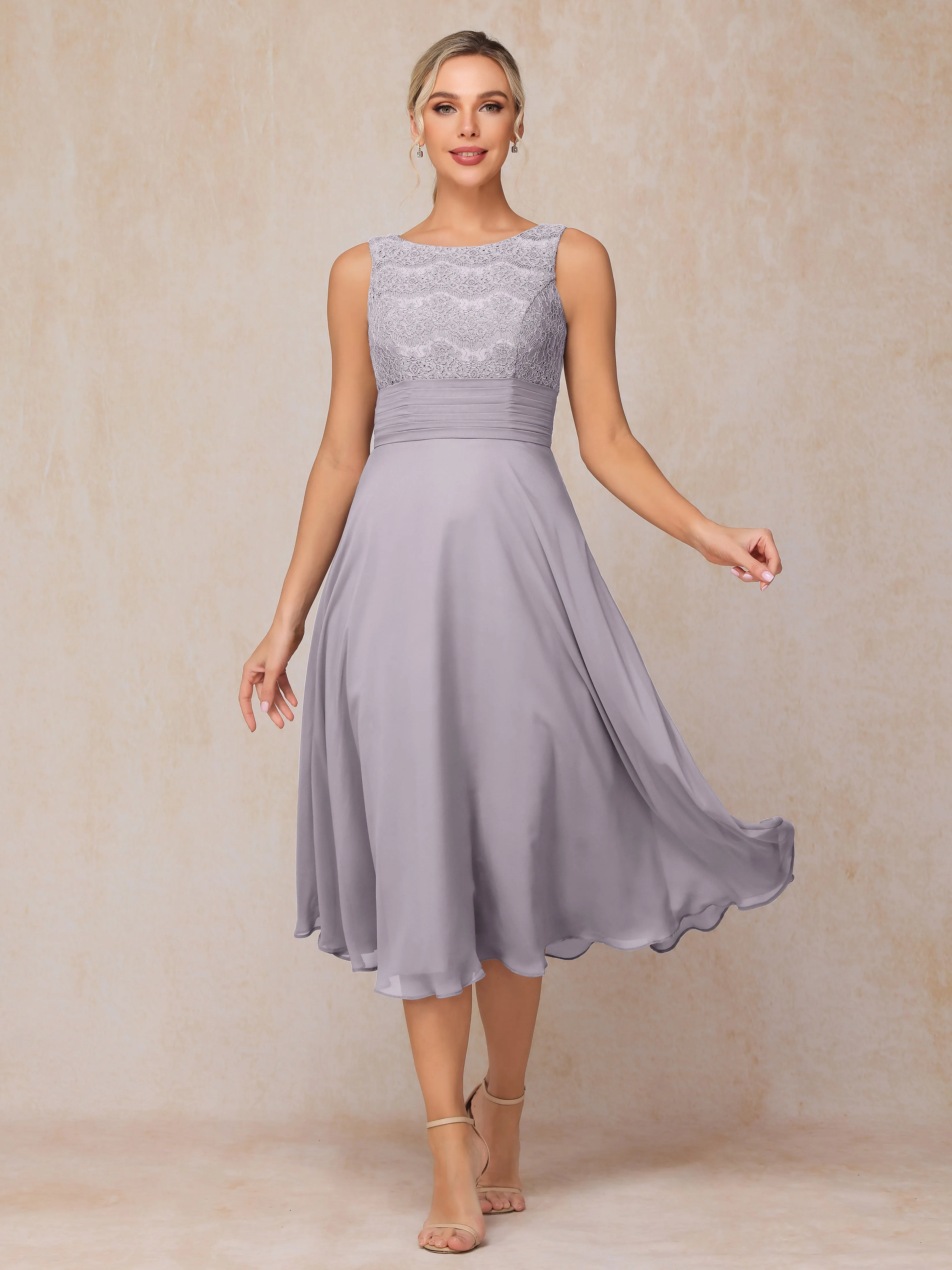 A-Line Lace Long Sleeveless Tea-Length Chiffon Mother of the Bride Dress