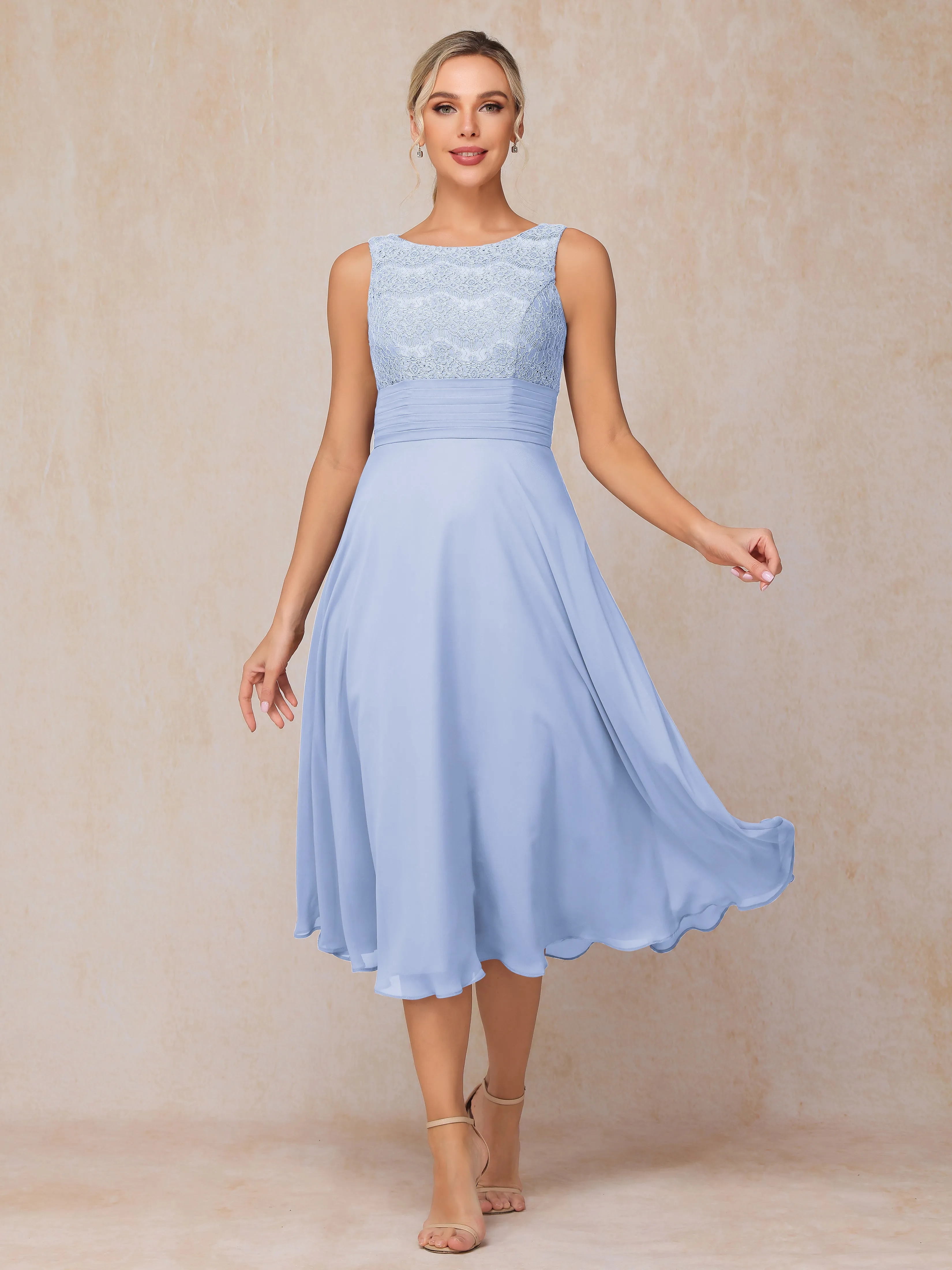 A-Line Lace Long Sleeveless Tea-Length Chiffon Mother of the Bride Dress