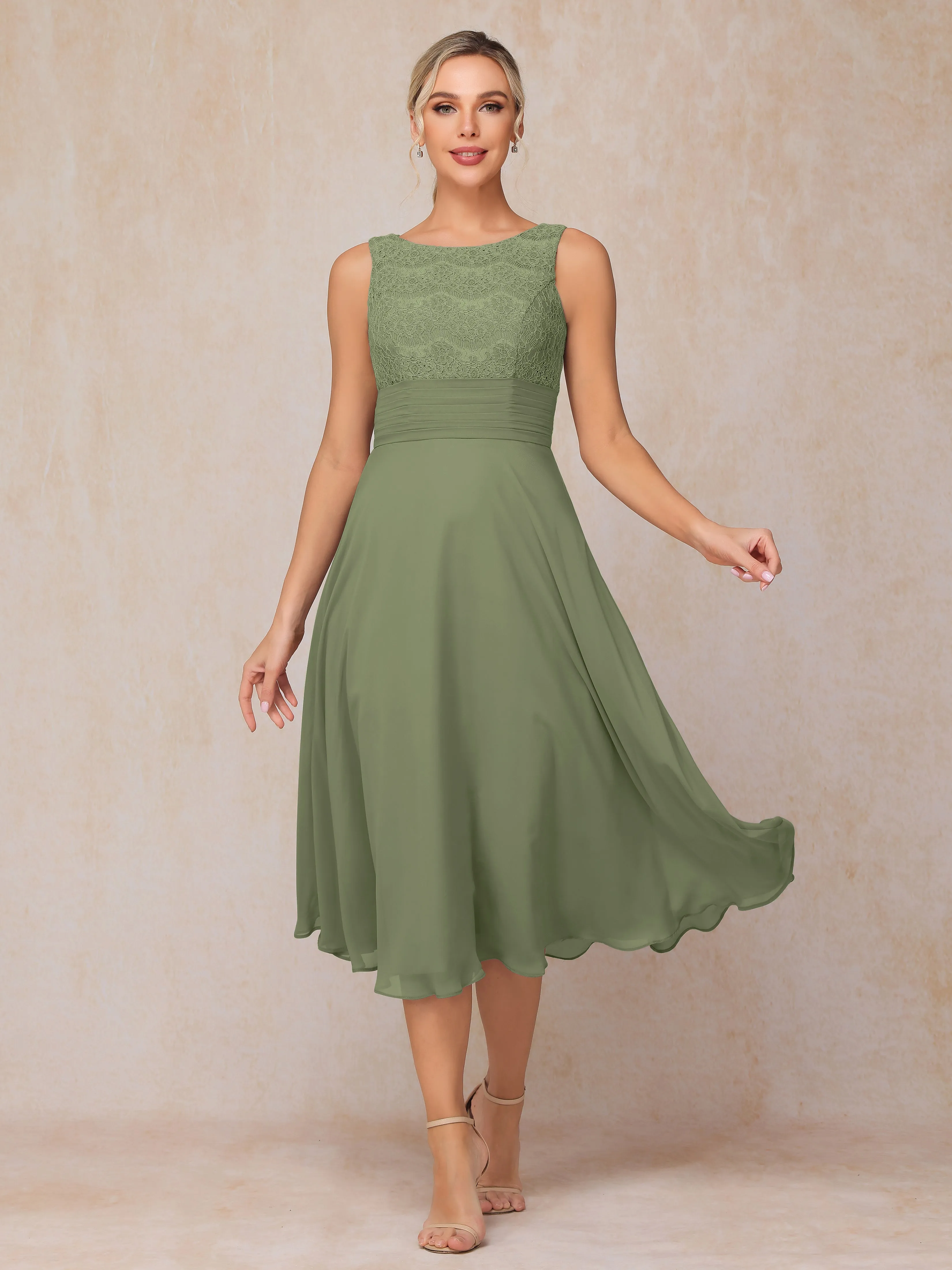 A-Line Lace Long Sleeveless Tea-Length Chiffon Mother of the Bride Dress