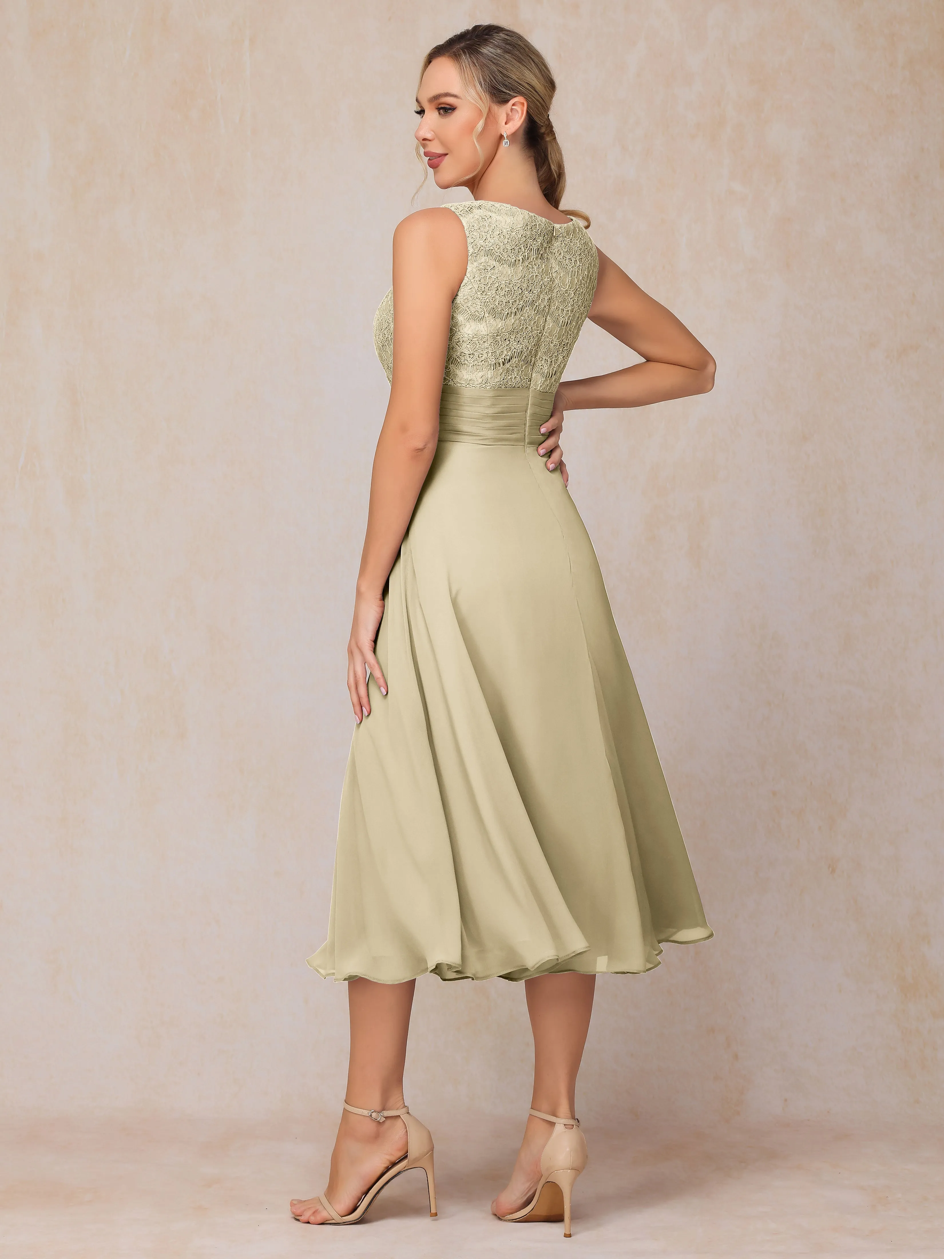 A-Line Lace Long Sleeveless Tea-Length Chiffon Mother of the Bride Dress