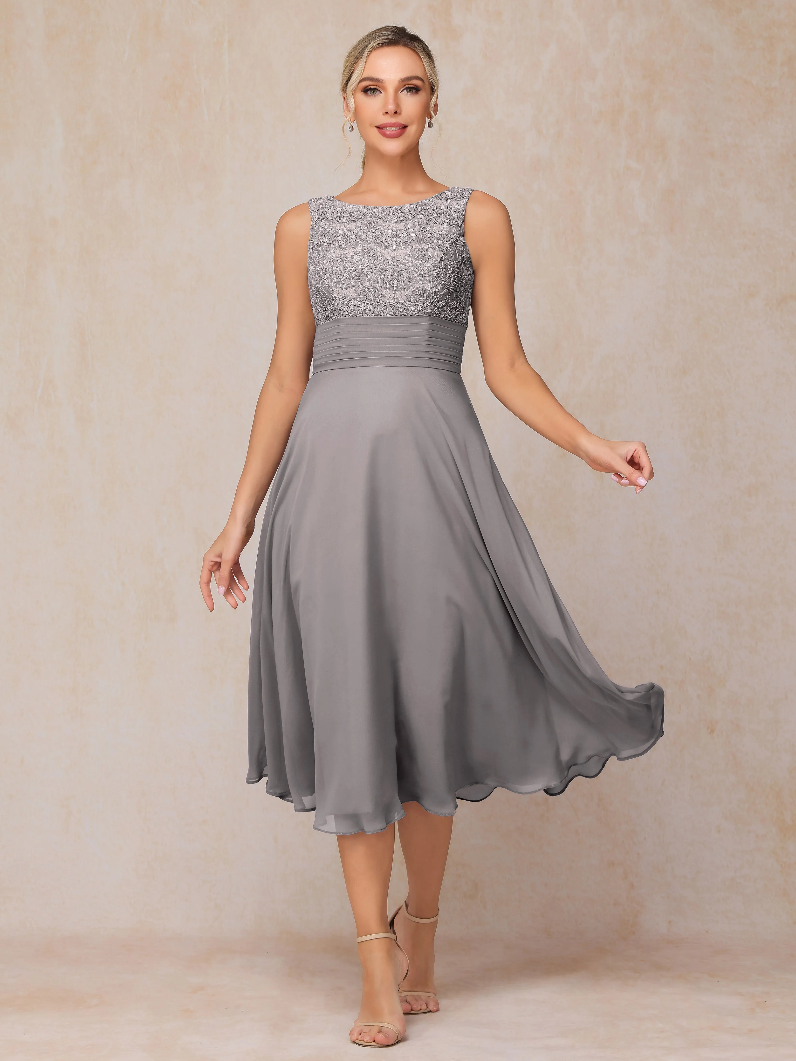 A-Line Lace Long Sleeveless Tea-Length Chiffon Mother of the Bride Dress