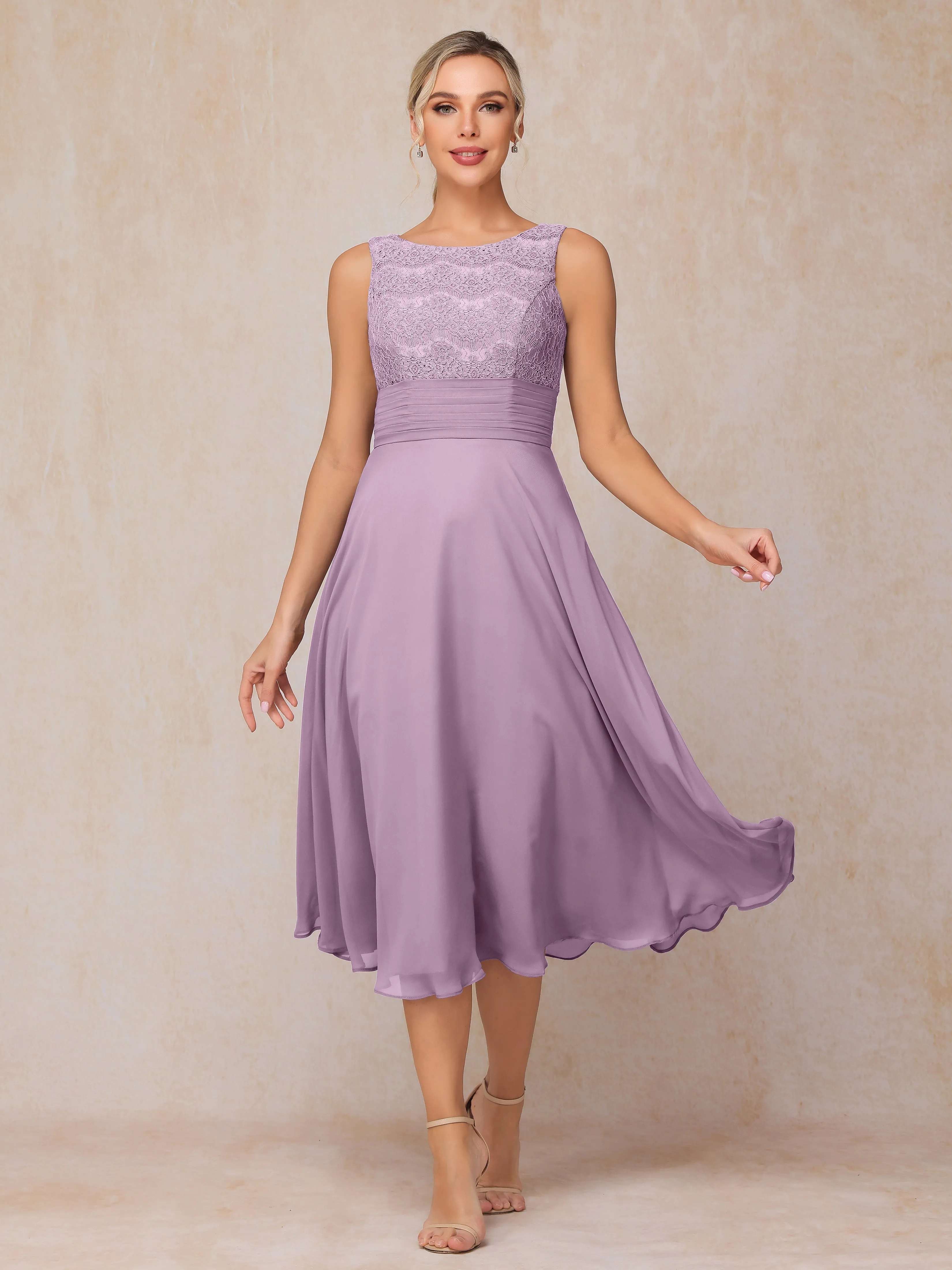 A-Line Lace Long Sleeveless Tea-Length Chiffon Mother of the Bride Dress