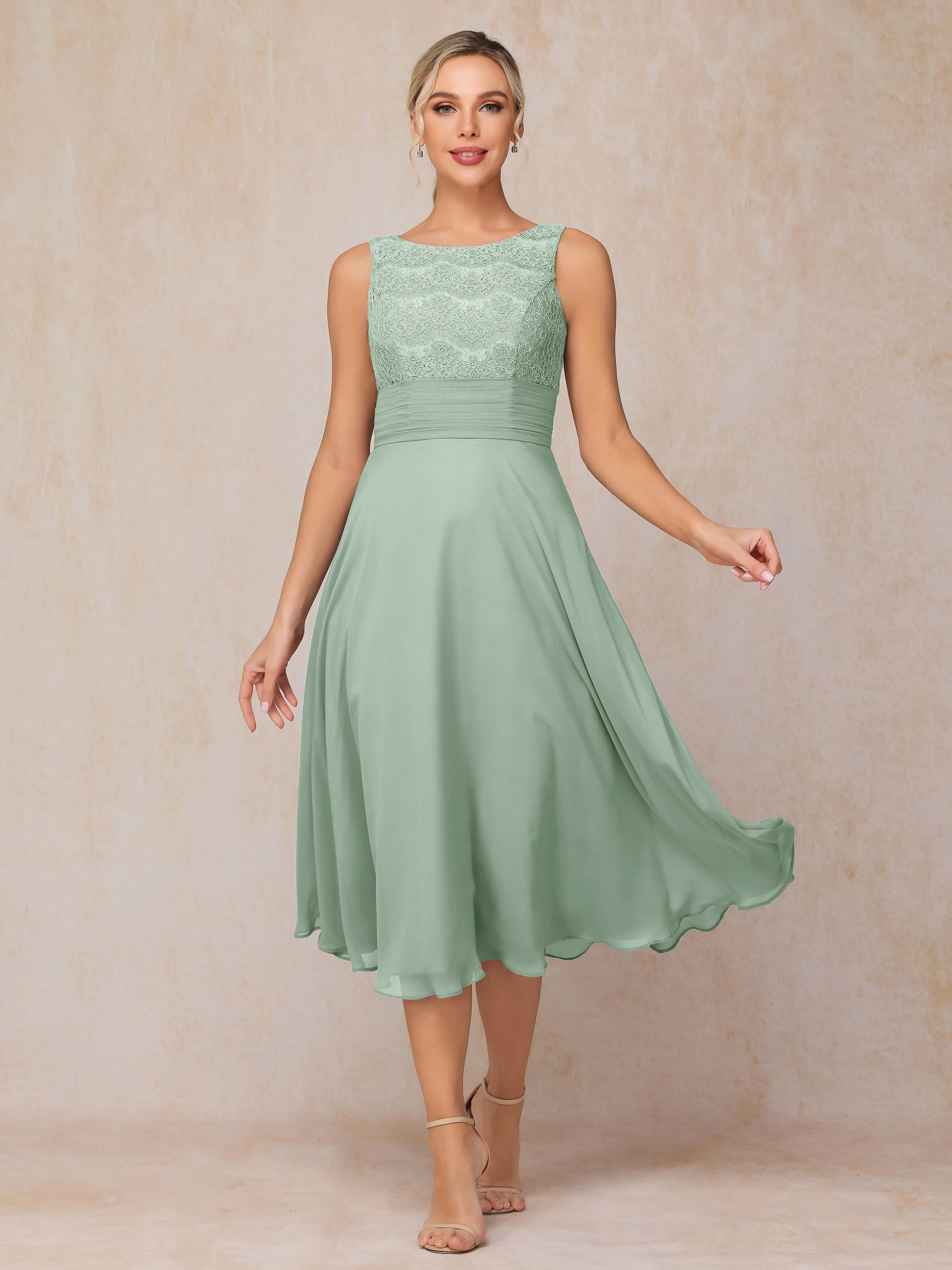 A-Line Lace Long Sleeveless Tea-Length Chiffon Mother of the Bride Dress