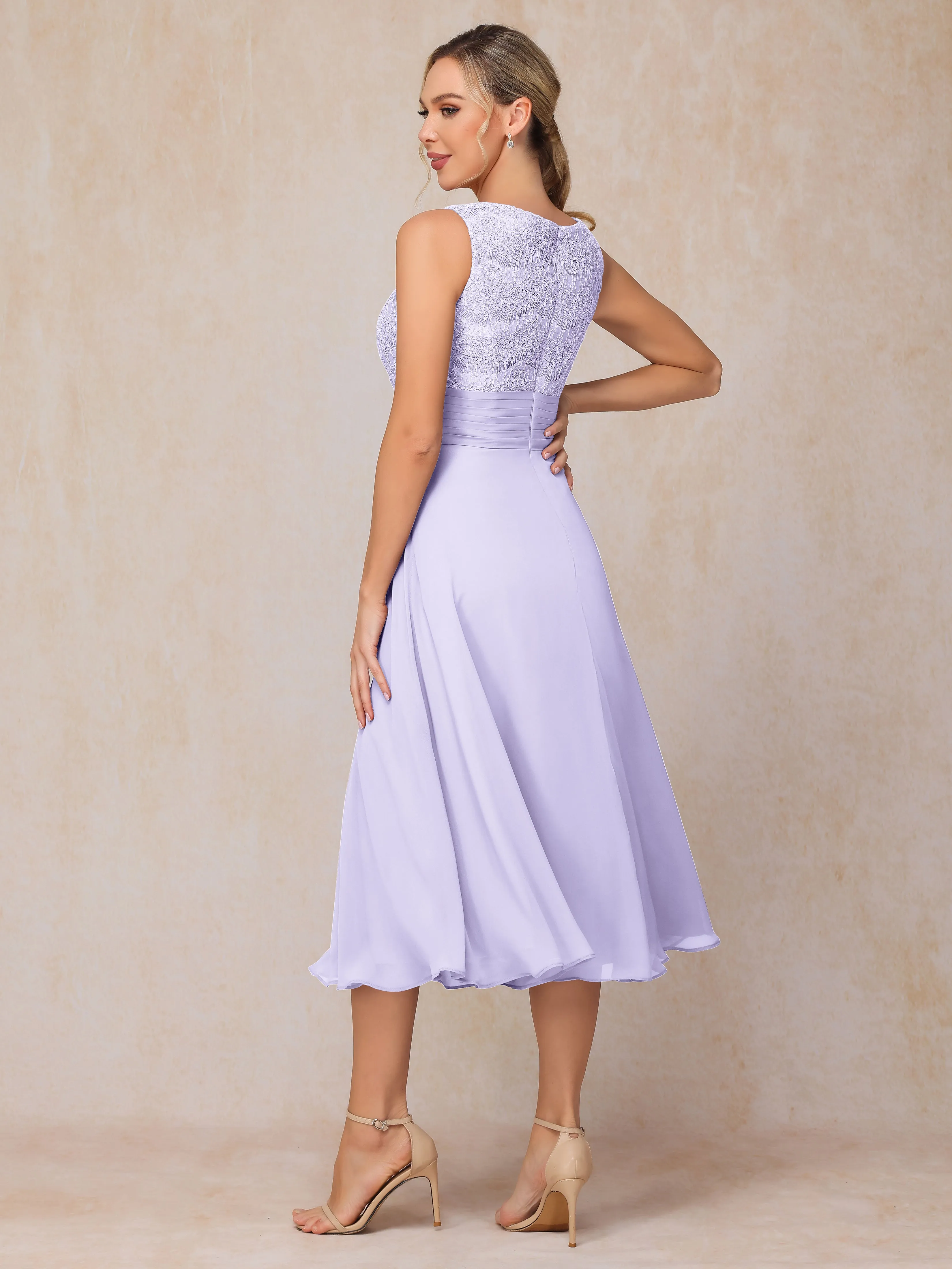 A-Line Lace Long Sleeveless Tea-Length Chiffon Mother of the Bride Dress