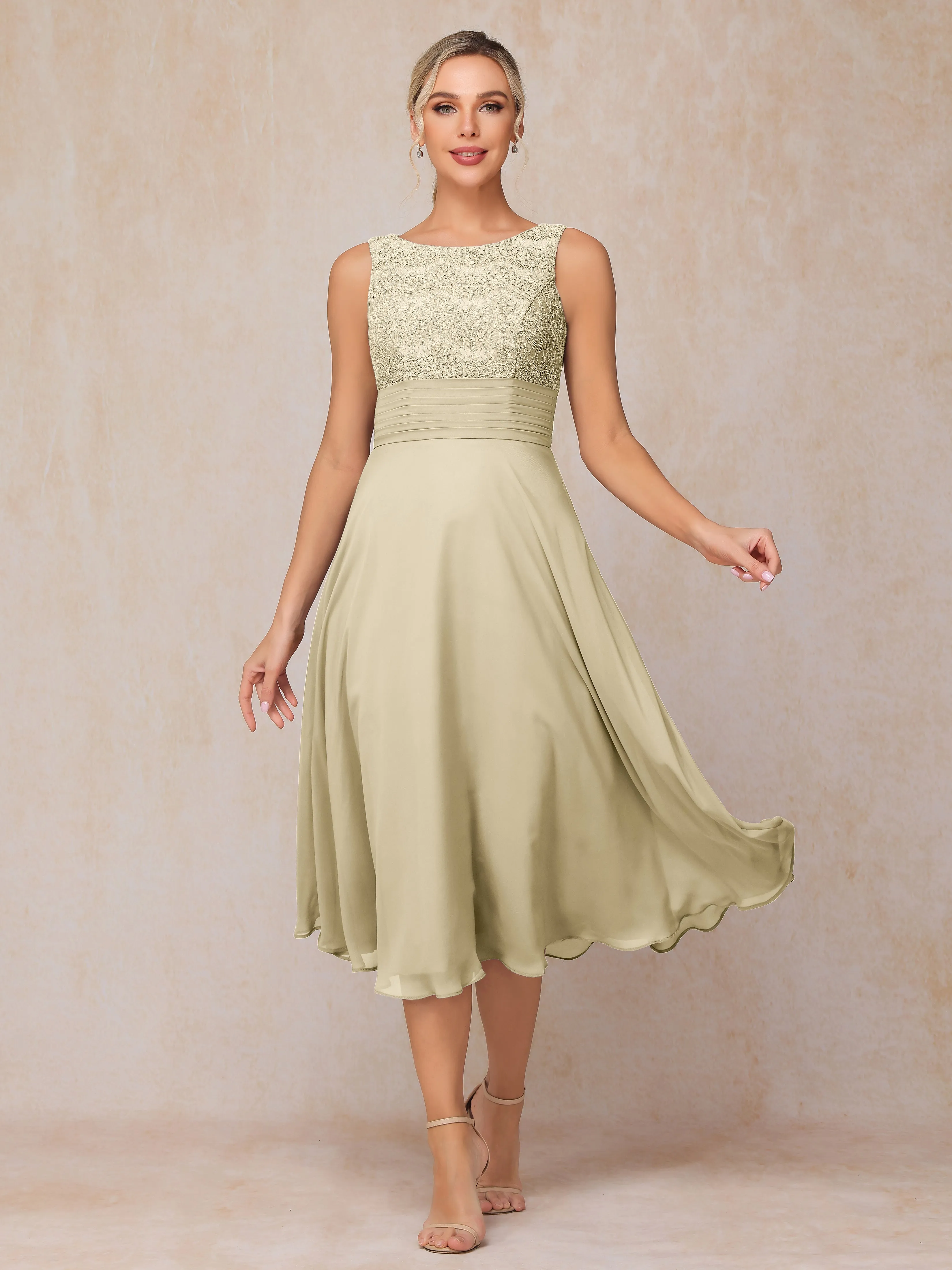 A-Line Lace Long Sleeveless Tea-Length Chiffon Mother of the Bride Dress