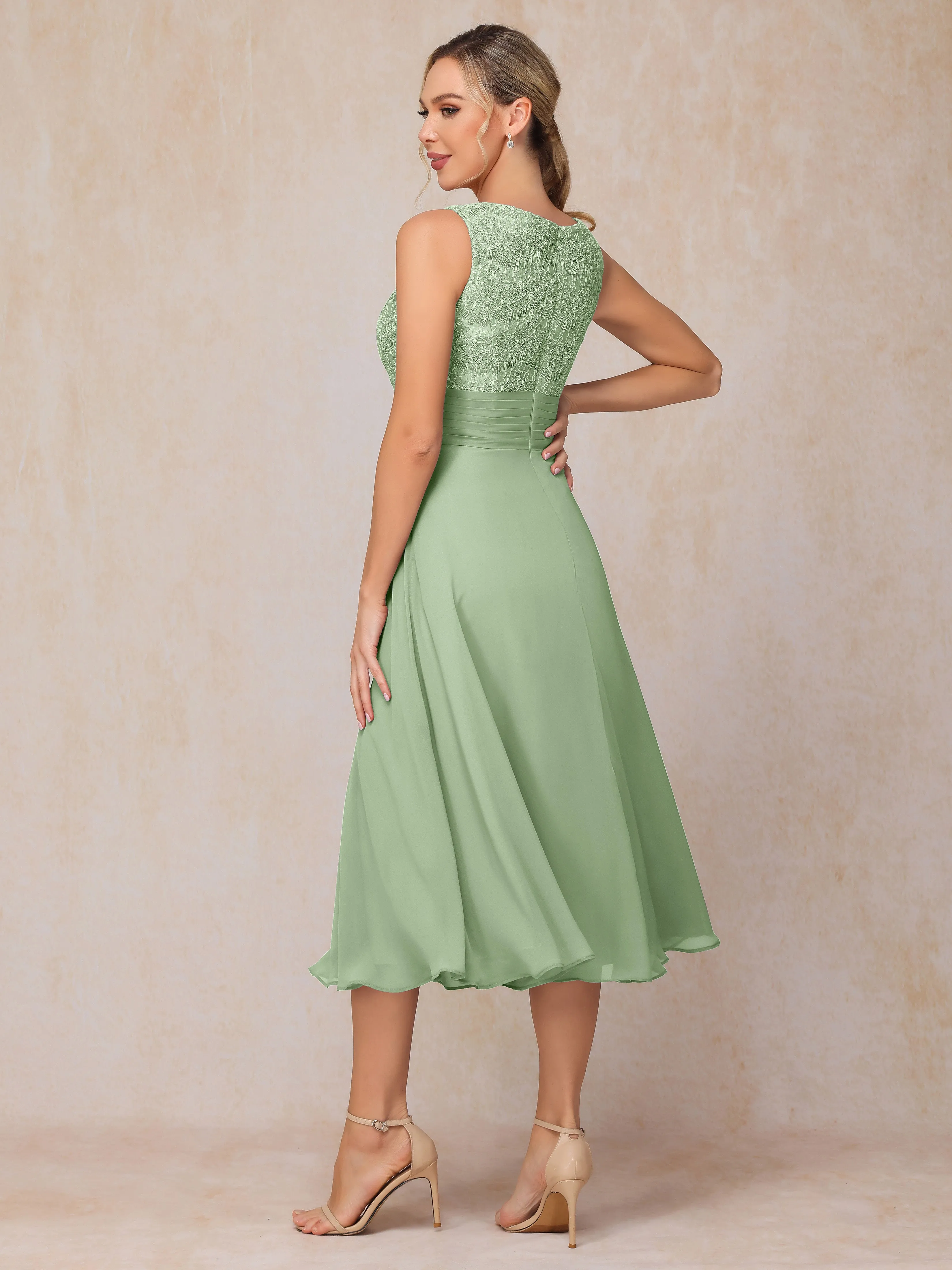 A-Line Lace Long Sleeveless Tea-Length Chiffon Mother of the Bride Dress