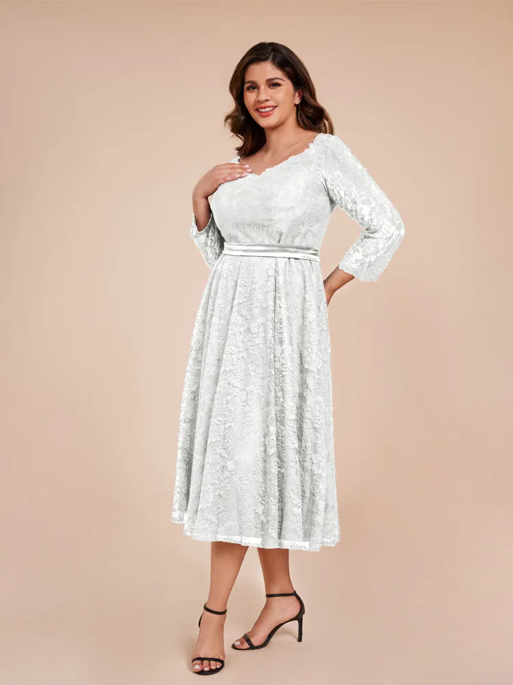 A-Line Lace Long Sleeves Soft Satin Mother of the Bride Dresses With Bow Tie