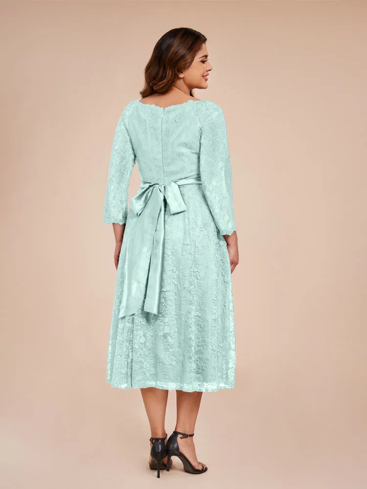 A-Line Lace Long Sleeves Soft Satin Mother of the Bride Dresses With Bow Tie