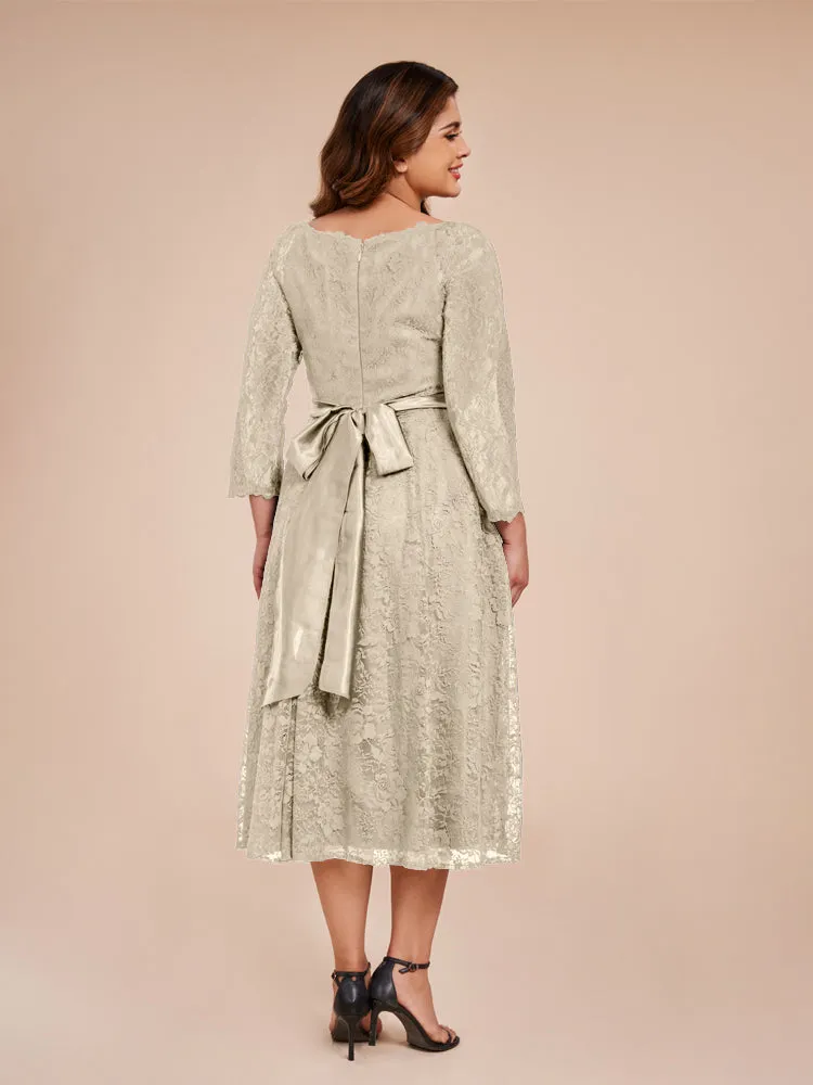 A-Line Lace Long Sleeves Soft Satin Mother of the Bride Dresses With Bow Tie