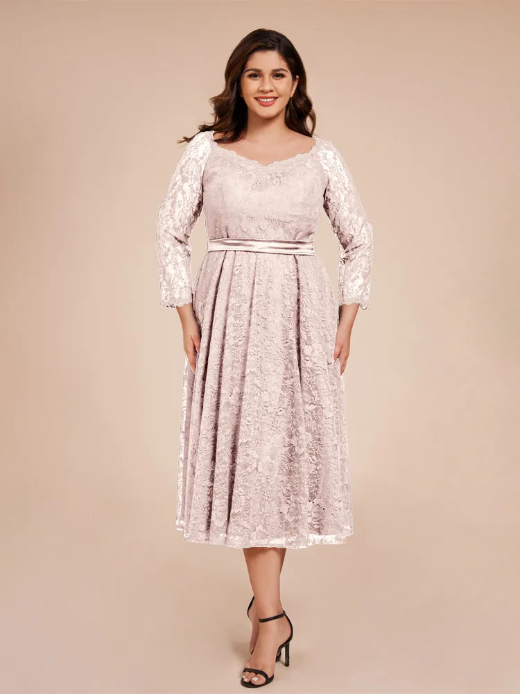 A-Line Lace Long Sleeves Soft Satin Mother of the Bride Dresses With Bow Tie