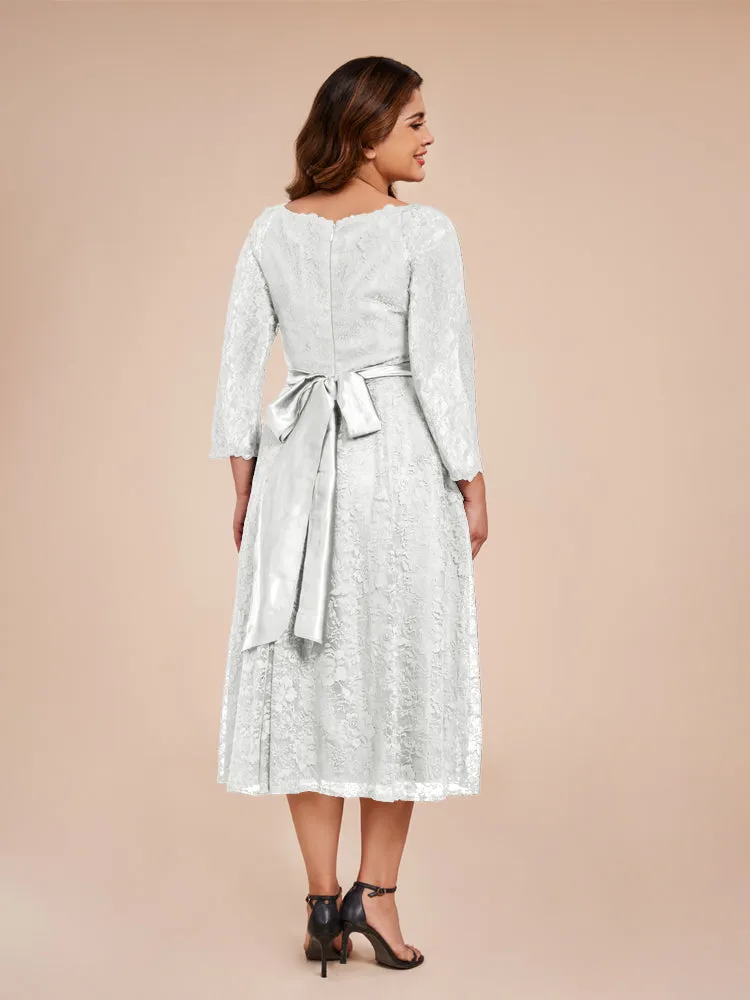 A-Line Lace Long Sleeves Soft Satin Mother of the Bride Dresses With Bow Tie