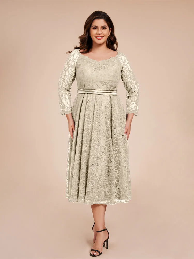 A-Line Lace Long Sleeves Soft Satin Mother of the Bride Dresses With Bow Tie