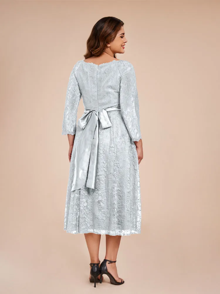 A-Line Lace Long Sleeves Soft Satin Mother of the Bride Dresses With Bow Tie