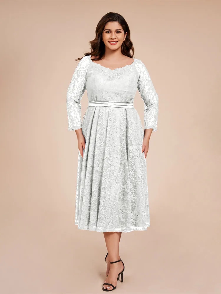 A-Line Lace Long Sleeves Soft Satin Mother of the Bride Dresses With Bow Tie