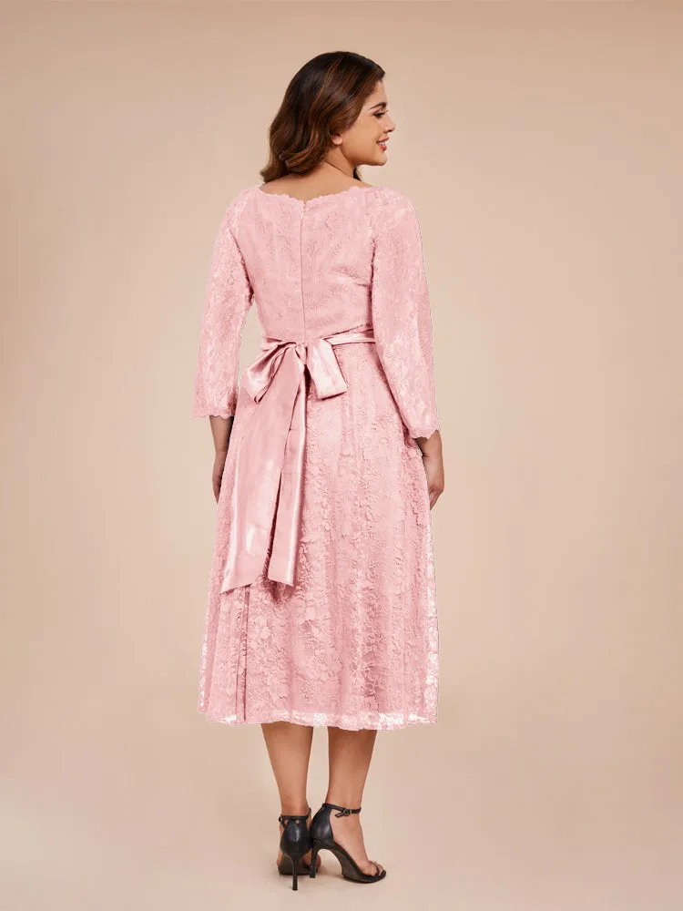 A-Line Lace Long Sleeves Soft Satin Mother of the Bride Dresses With Bow Tie