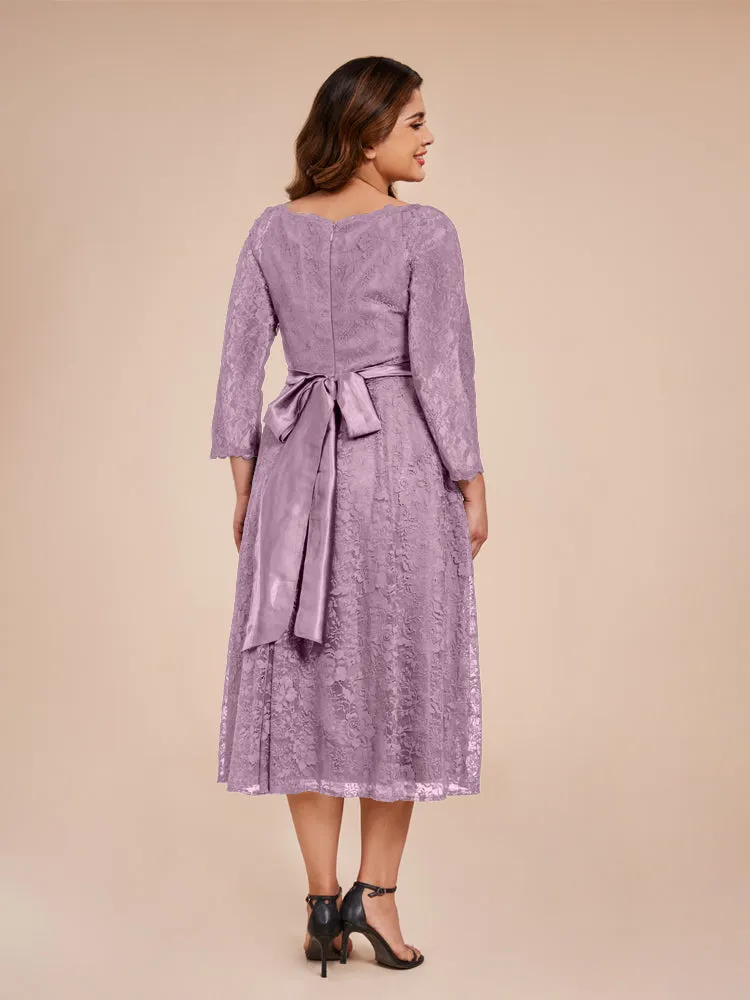 A-Line Lace Long Sleeves Soft Satin Mother of the Bride Dresses With Bow Tie