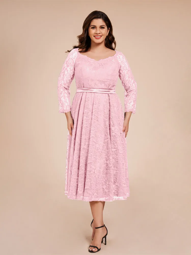 A-Line Lace Long Sleeves Soft Satin Mother of the Bride Dresses With Bow Tie