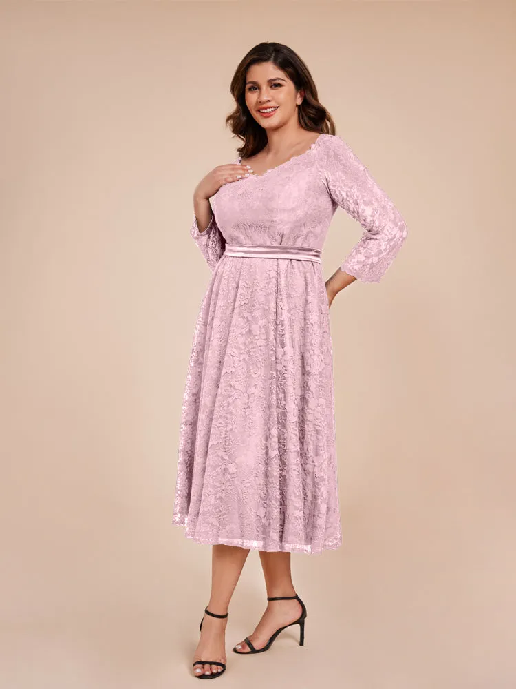 A-Line Lace Long Sleeves Soft Satin Mother of the Bride Dresses With Bow Tie