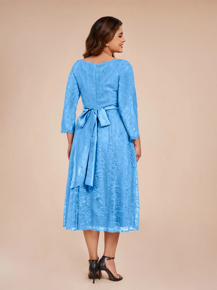 A-Line Lace Long Sleeves Soft Satin Mother of the Bride Dresses With Bow Tie