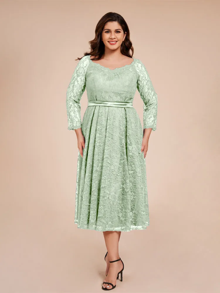 A-Line Lace Long Sleeves Soft Satin Mother of the Bride Dresses With Bow Tie