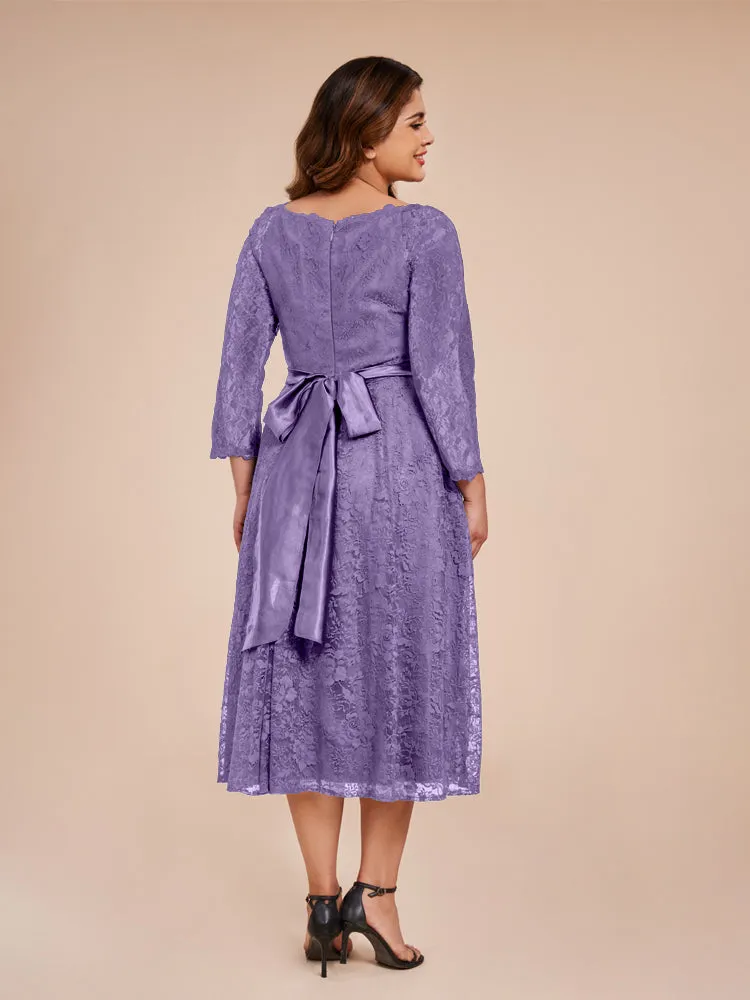 A-Line Lace Long Sleeves Soft Satin Mother of the Bride Dresses With Bow Tie