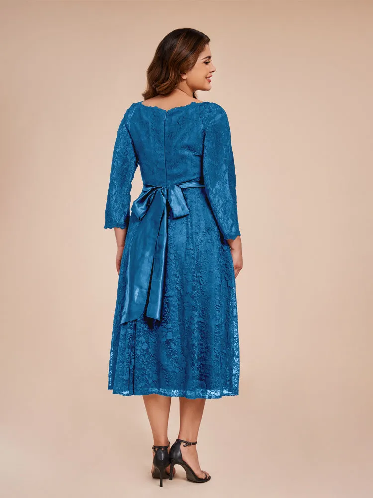 A-Line Lace Long Sleeves Soft Satin Mother of the Bride Dresses With Bow Tie