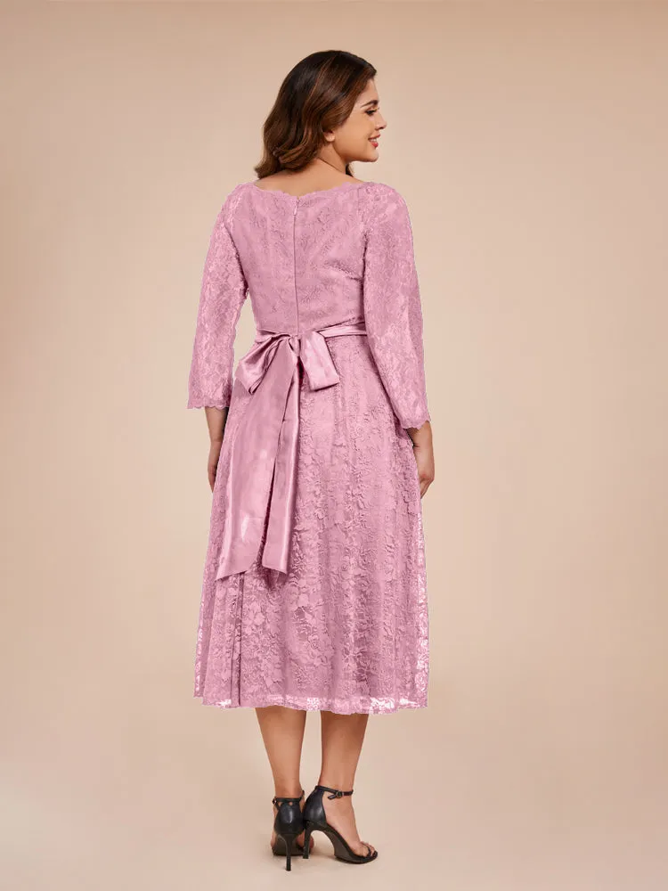 A-Line Lace Long Sleeves Soft Satin Mother of the Bride Dresses With Bow Tie