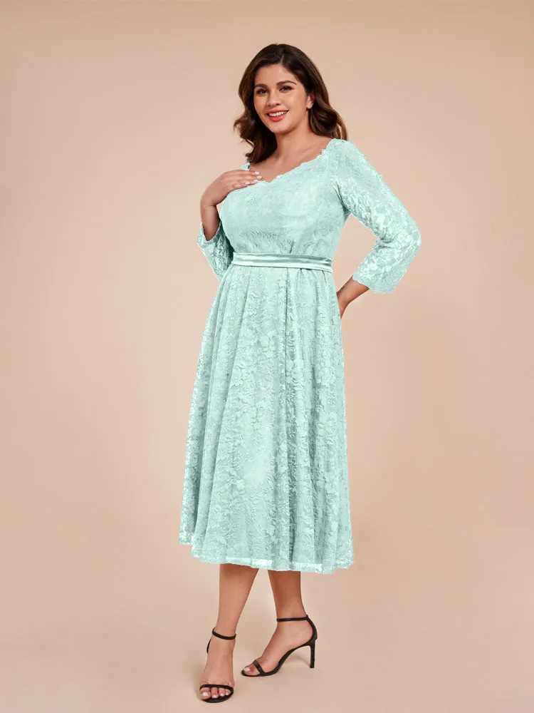 A-Line Lace Long Sleeves Soft Satin Mother of the Bride Dresses With Bow Tie