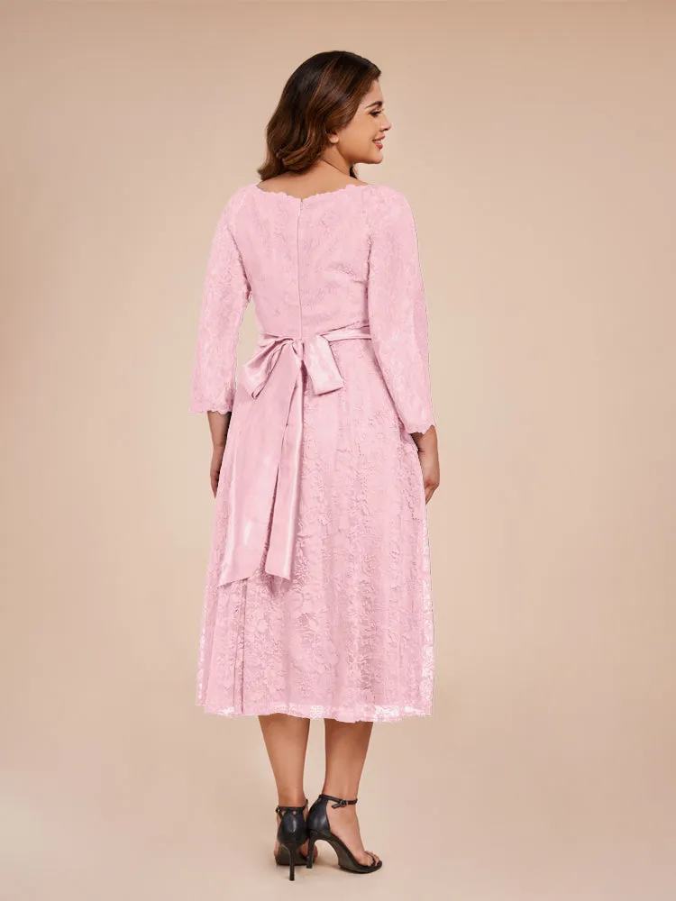 A-Line Lace Long Sleeves Soft Satin Mother of the Bride Dresses With Bow Tie