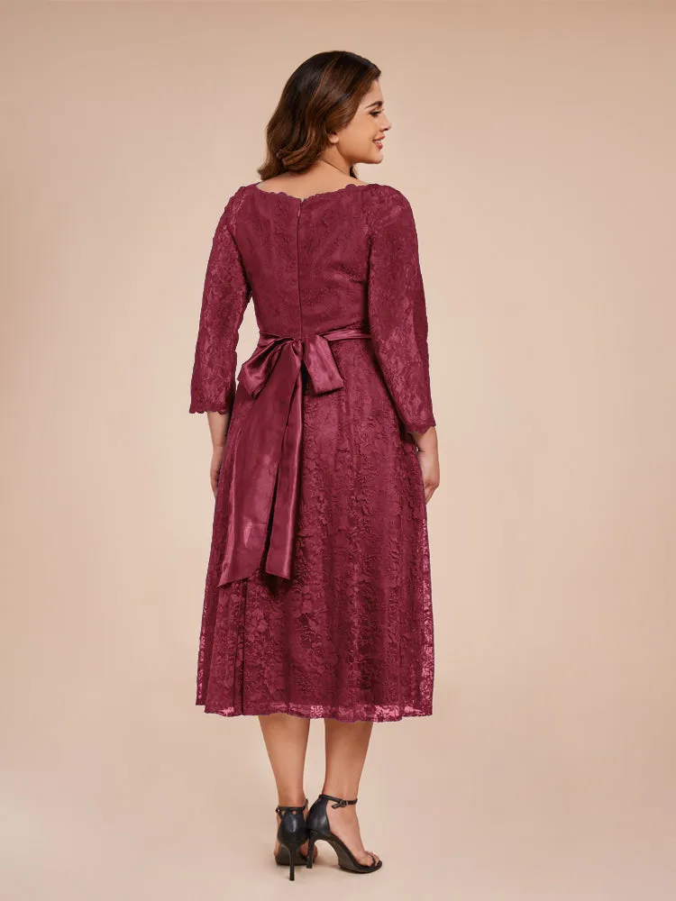 A-Line Lace Long Sleeves Soft Satin Mother of the Bride Dresses With Bow Tie