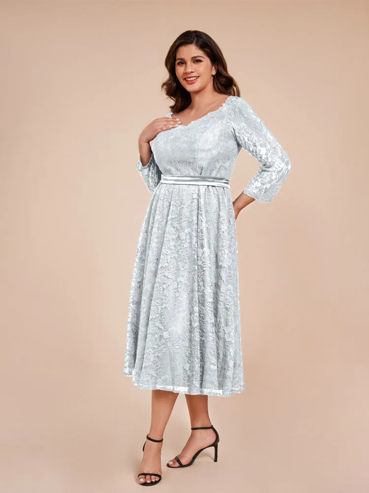 A-Line Lace Long Sleeves Soft Satin Mother of the Bride Dresses With Bow Tie