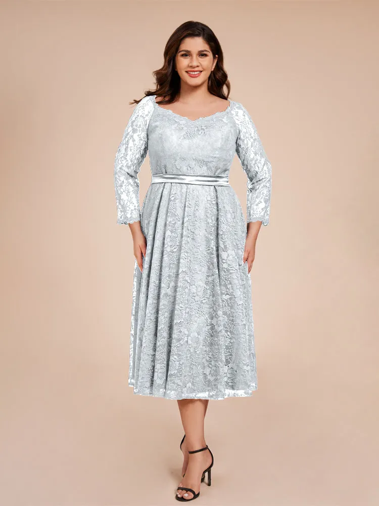 A-Line Lace Long Sleeves Soft Satin Mother of the Bride Dresses With Bow Tie