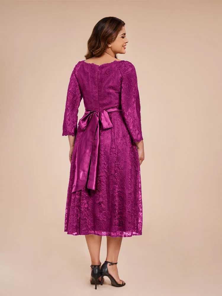 A-Line Lace Long Sleeves Soft Satin Mother of the Bride Dresses With Bow Tie