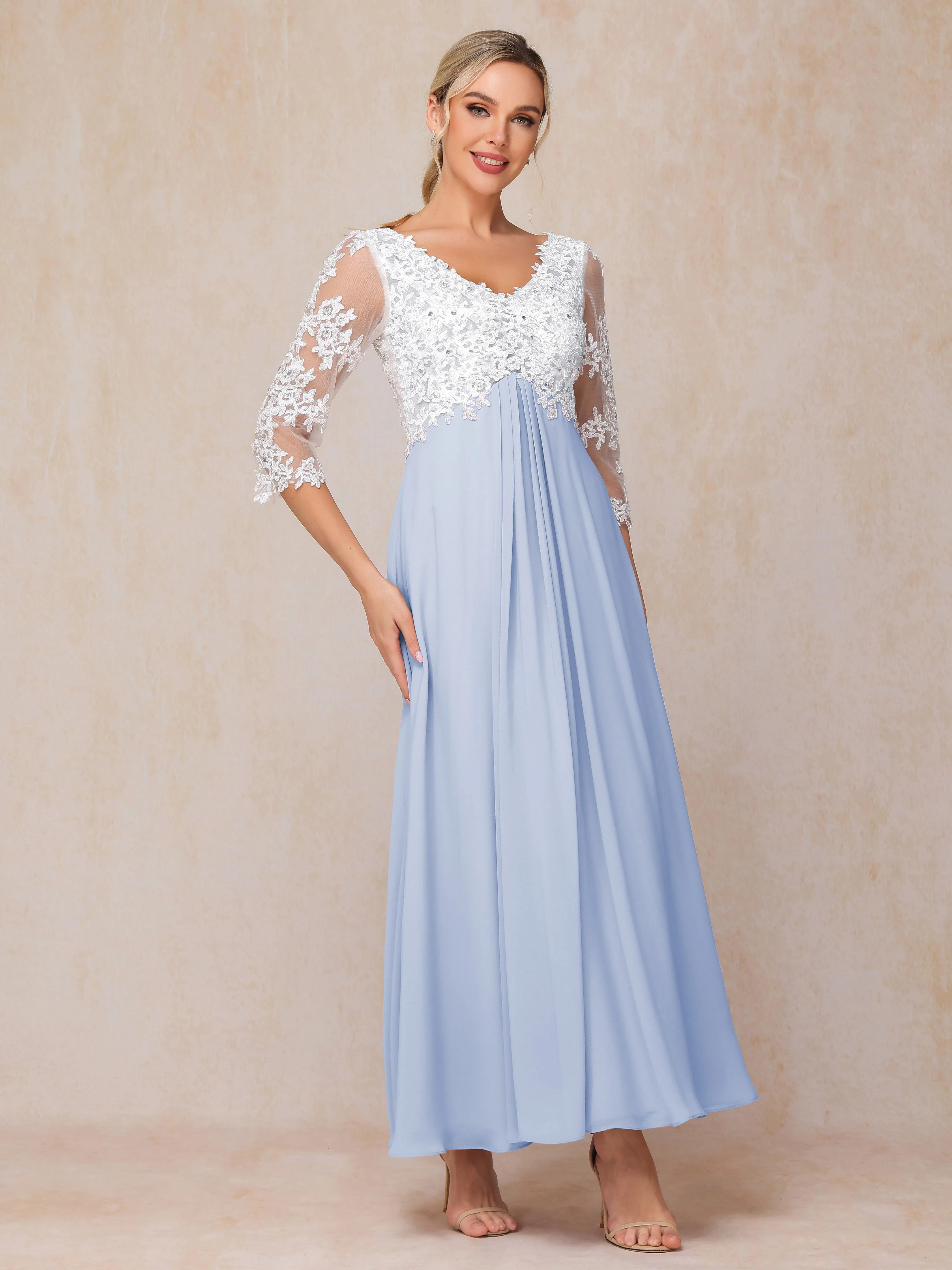 A-Line Lace Sleeves Long Chiffon Mother of the Bride Dress