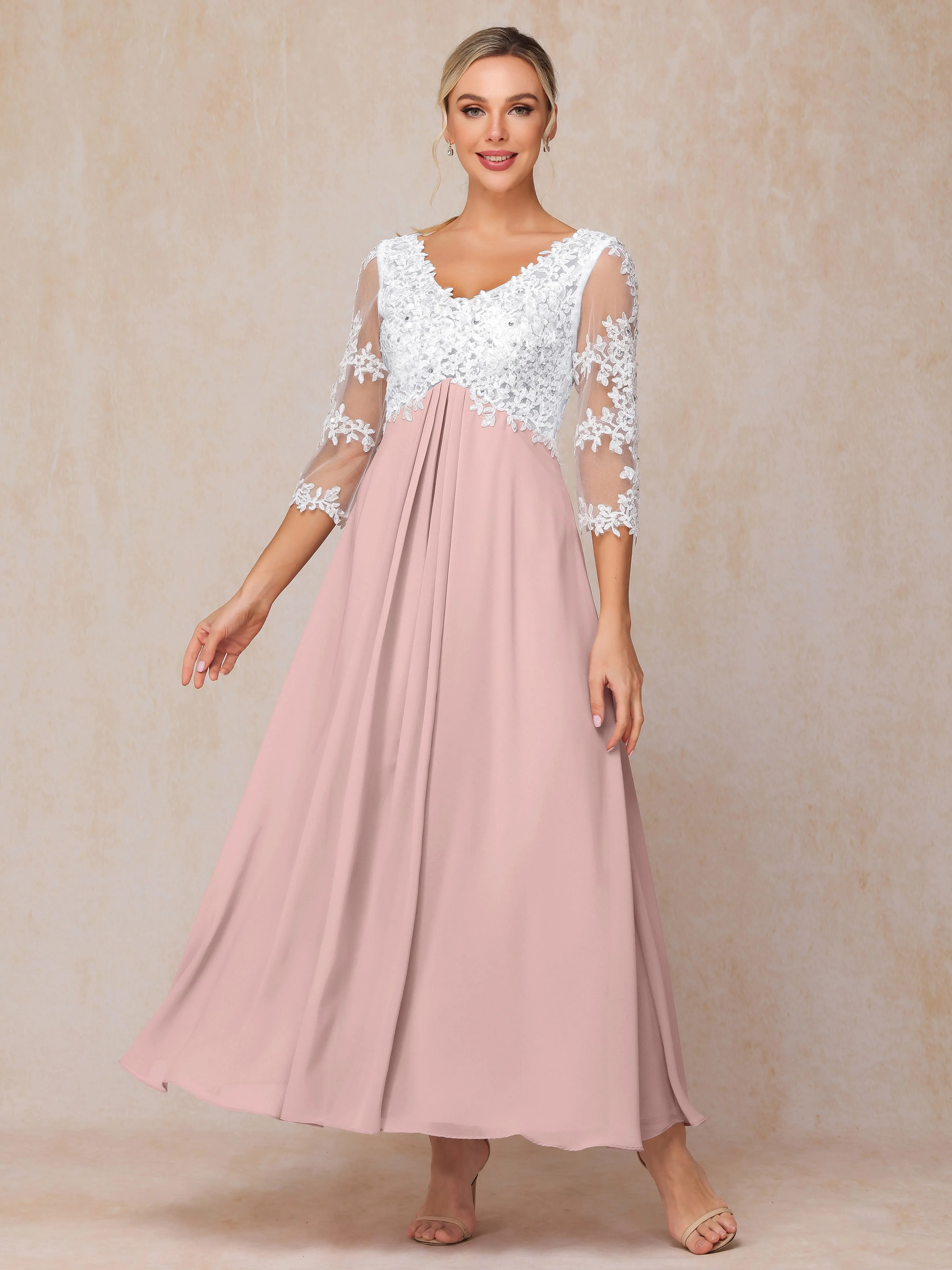 A-Line Lace Sleeves Long Chiffon Mother of the Bride Dress