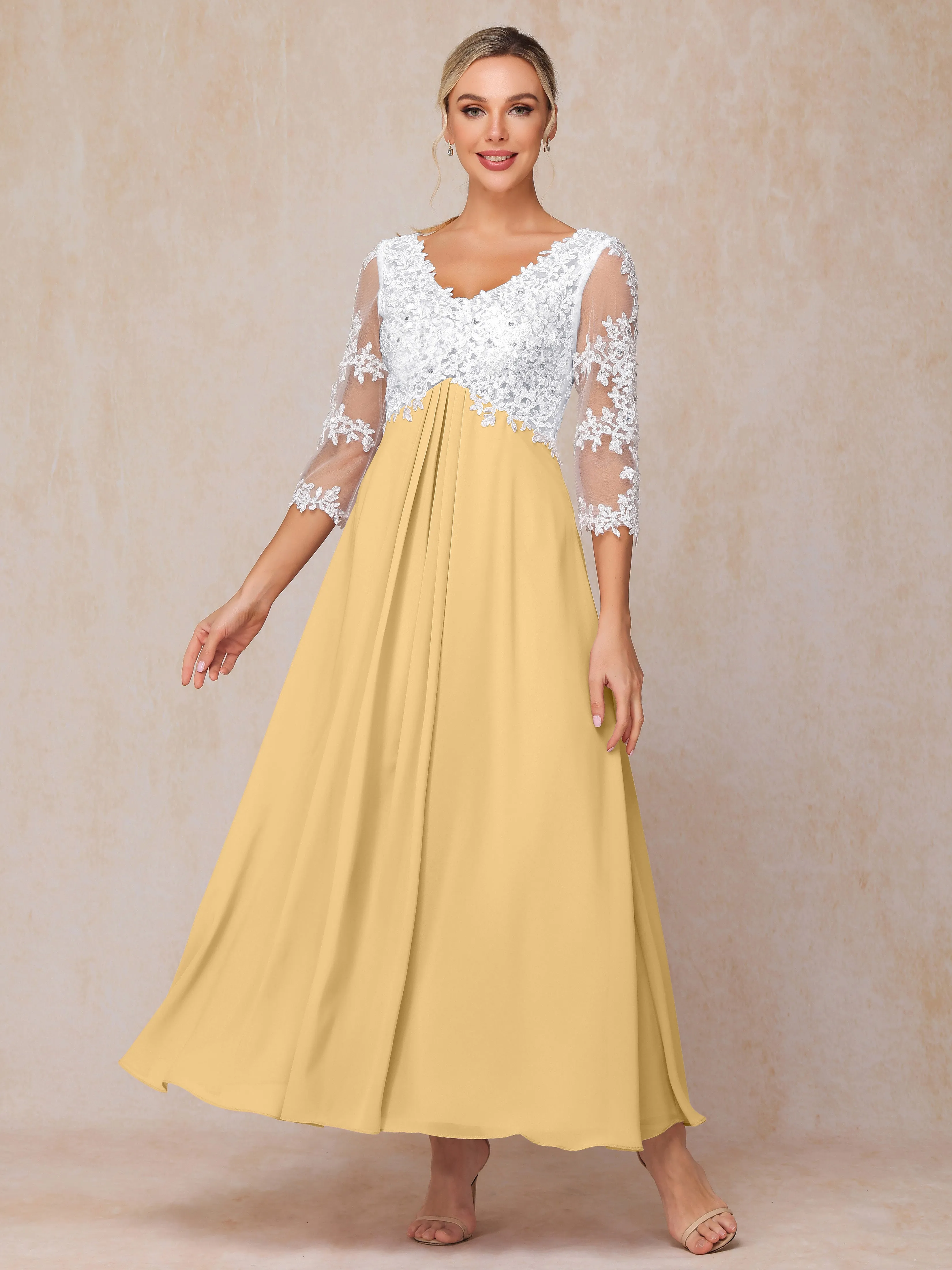 A-Line Lace Sleeves Long Chiffon Mother of the Bride Dress