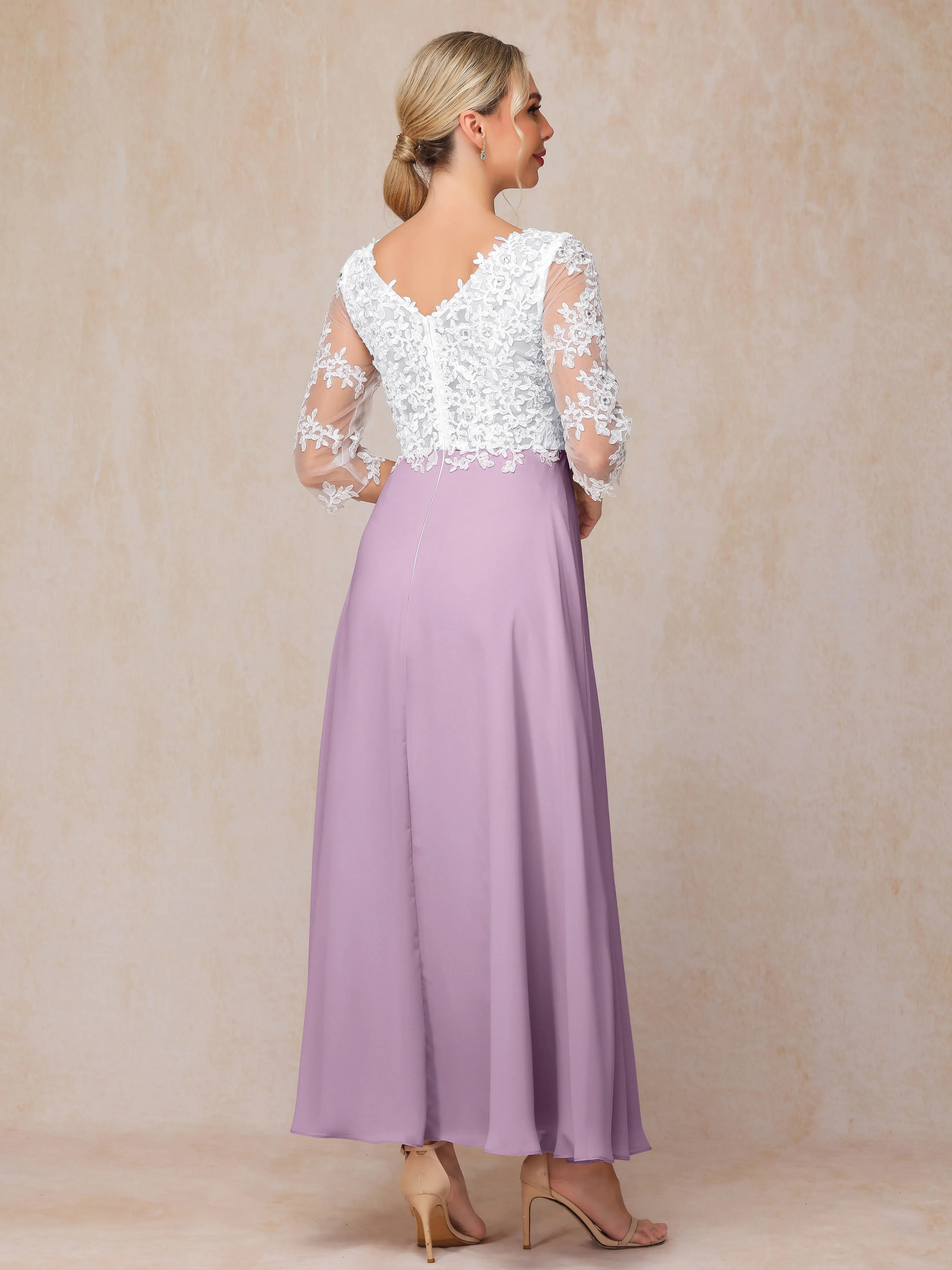 A-Line Lace Sleeves Long Chiffon Mother of the Bride Dress