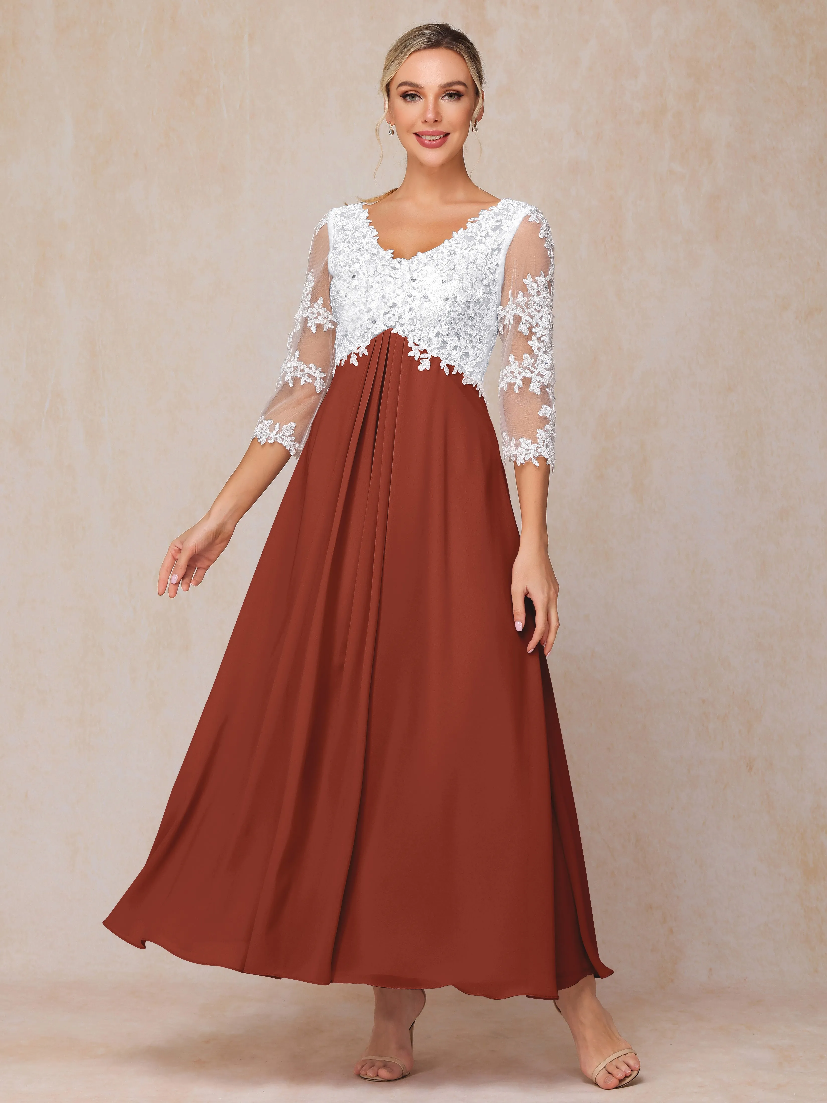 A-Line Lace Sleeves Long Chiffon Mother of the Bride Dress