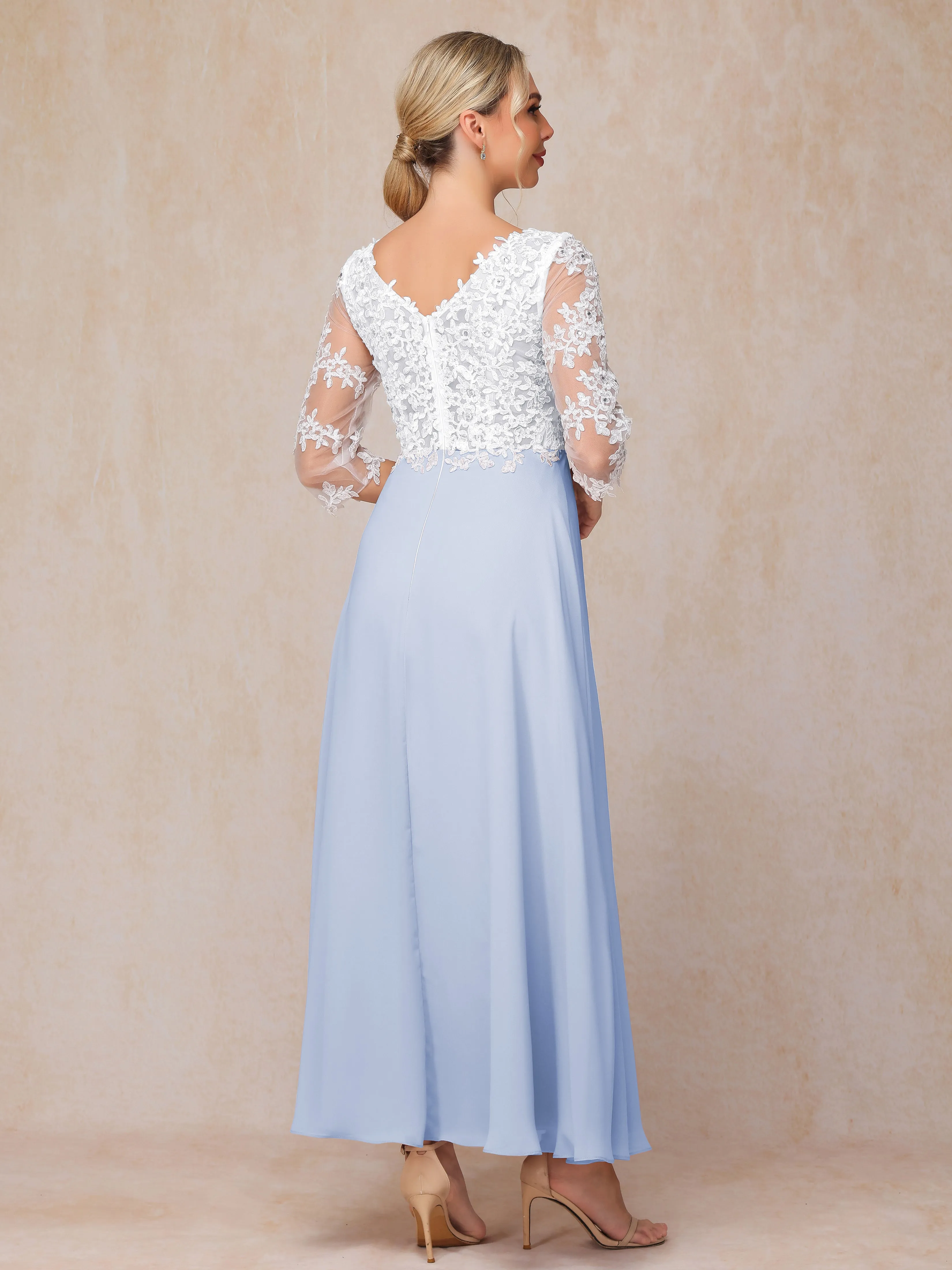 A-Line Lace Sleeves Long Chiffon Mother of the Bride Dress