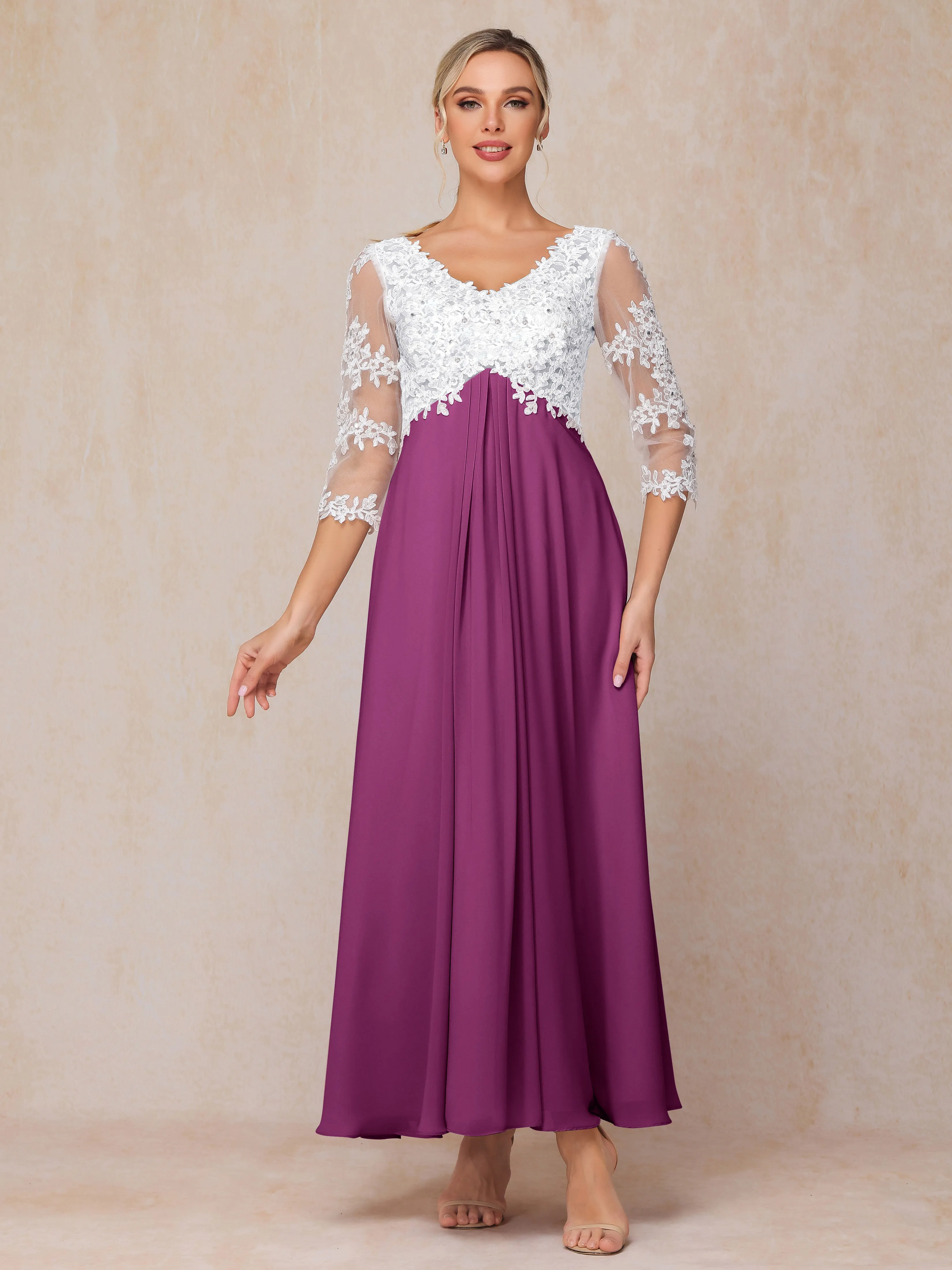 A-Line Lace Sleeves Long Chiffon Mother of the Bride Dress