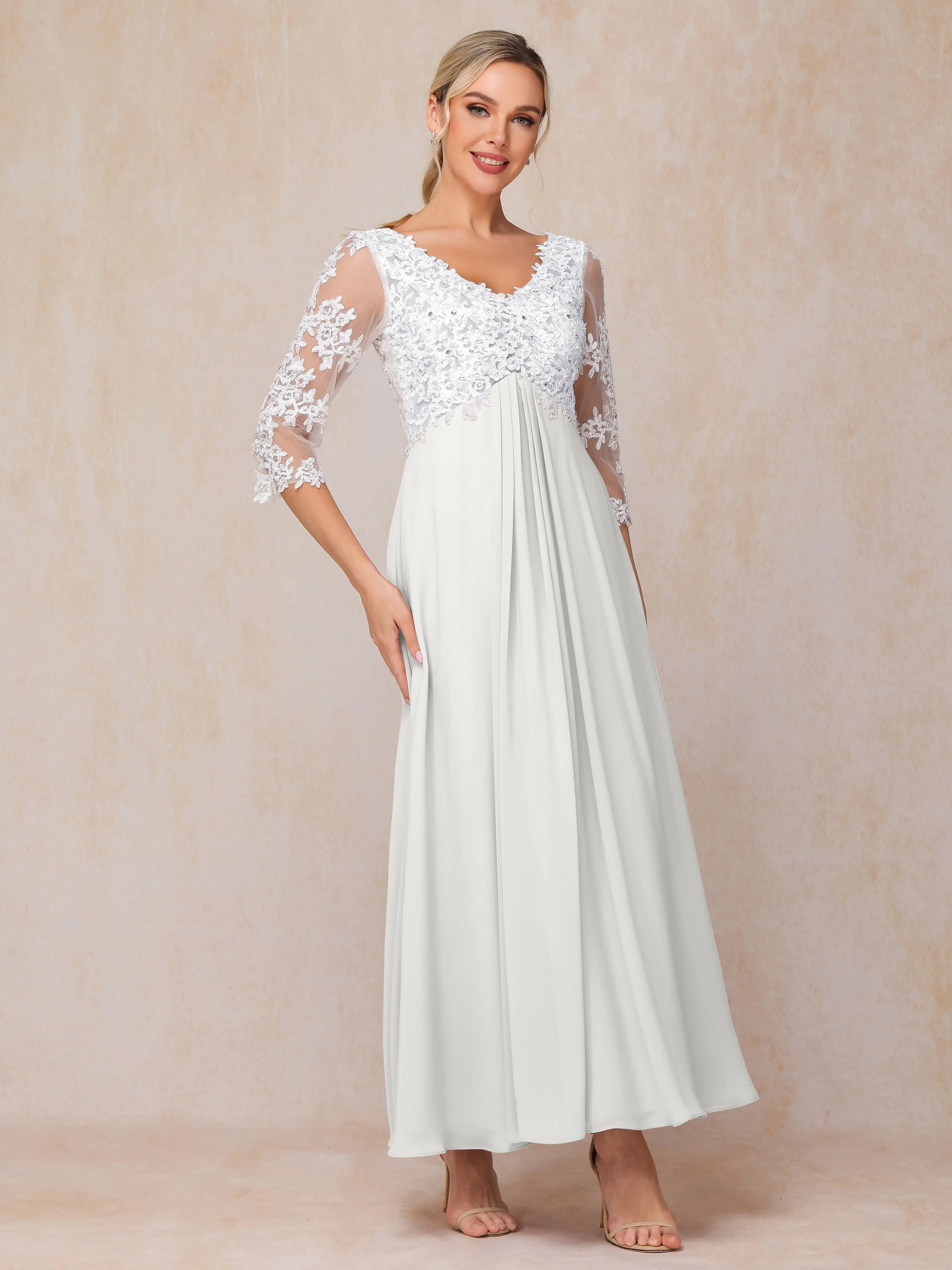 A-Line Lace Sleeves Long Chiffon Mother of the Bride Dress